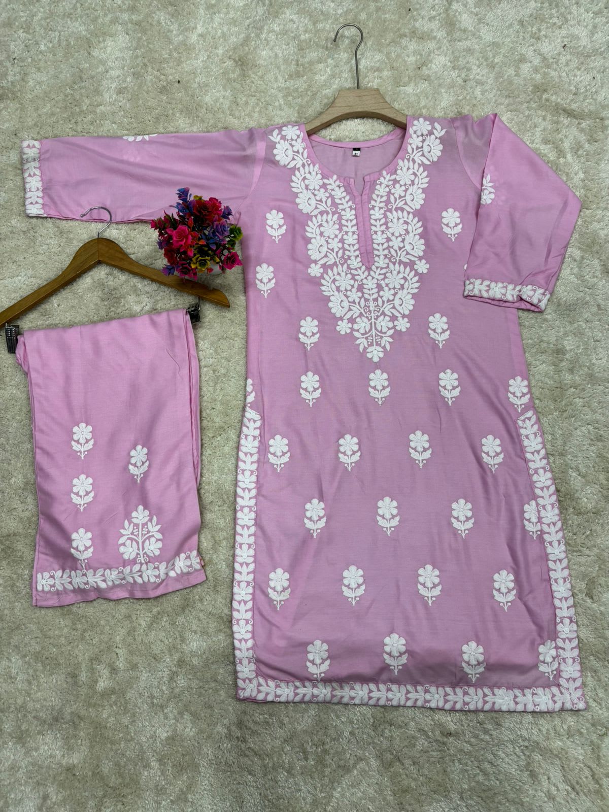 Pink Rayon Cotton Chikankari Kurta Palazzo Set For Women