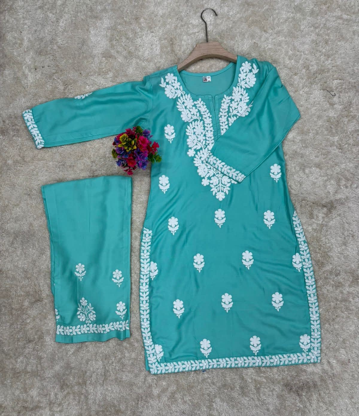 Pool Rayon Cotton Chikankari Kurta Palazzo Set For Women