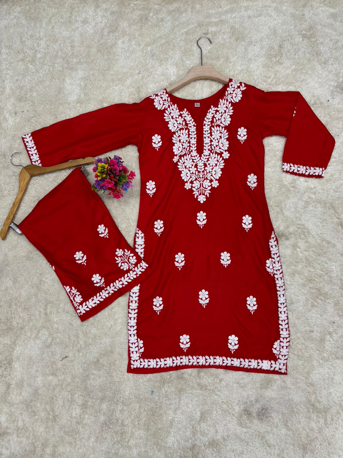 Red Rayon Cotton Chikankari Kurta Palazzo Set For Women