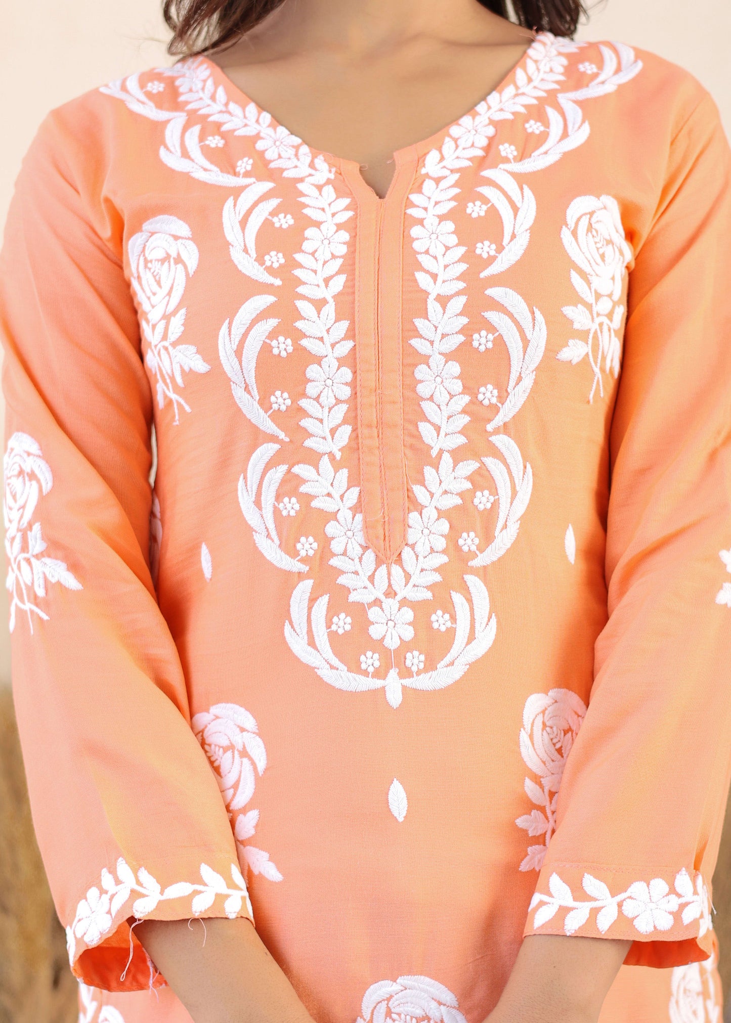 Peach Chikan Embroidery Cotton Rayon Straight Kurta For Women