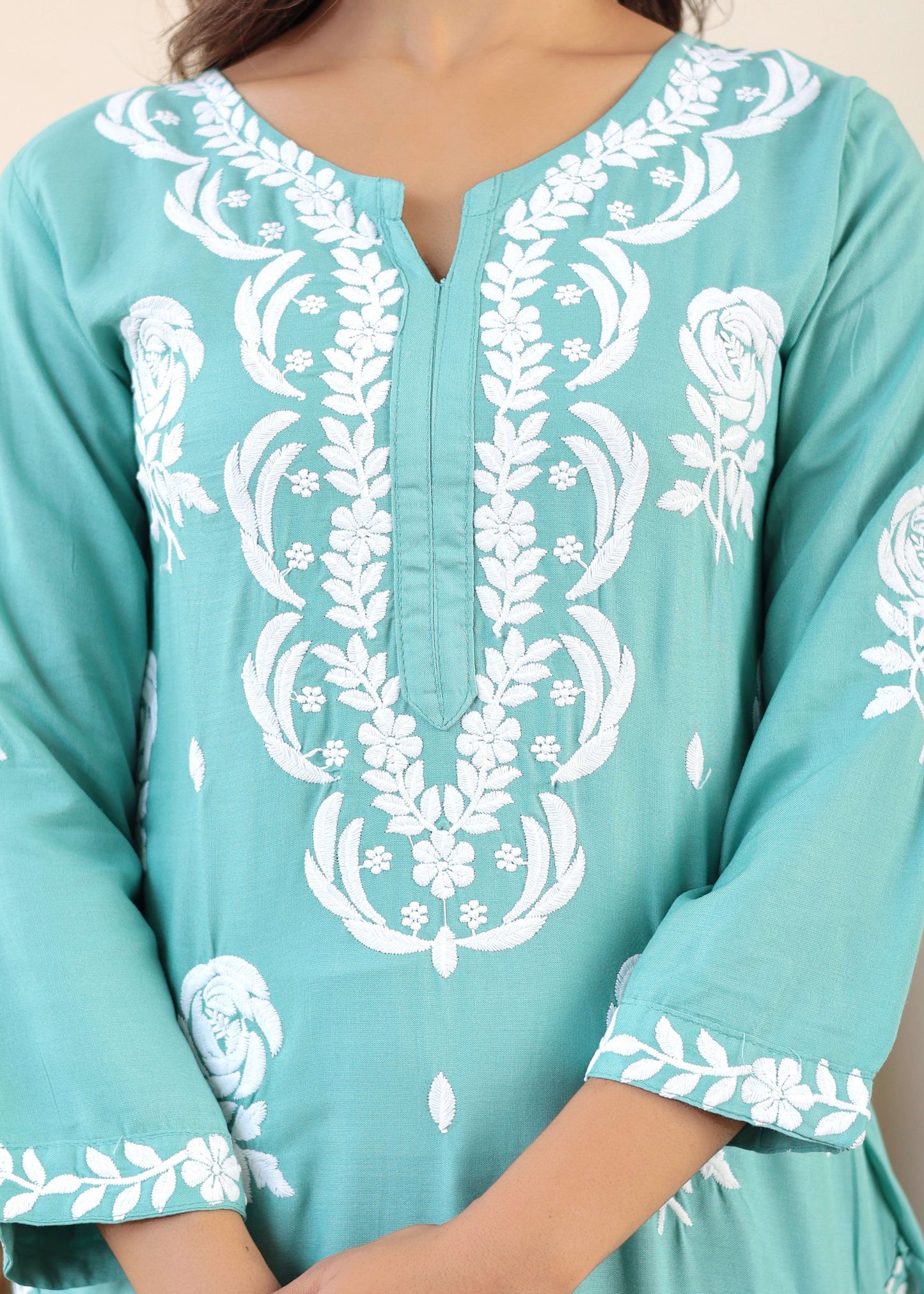 Rama Green Chikan Embroidery Cotton Rayon Straight Kurta For Women