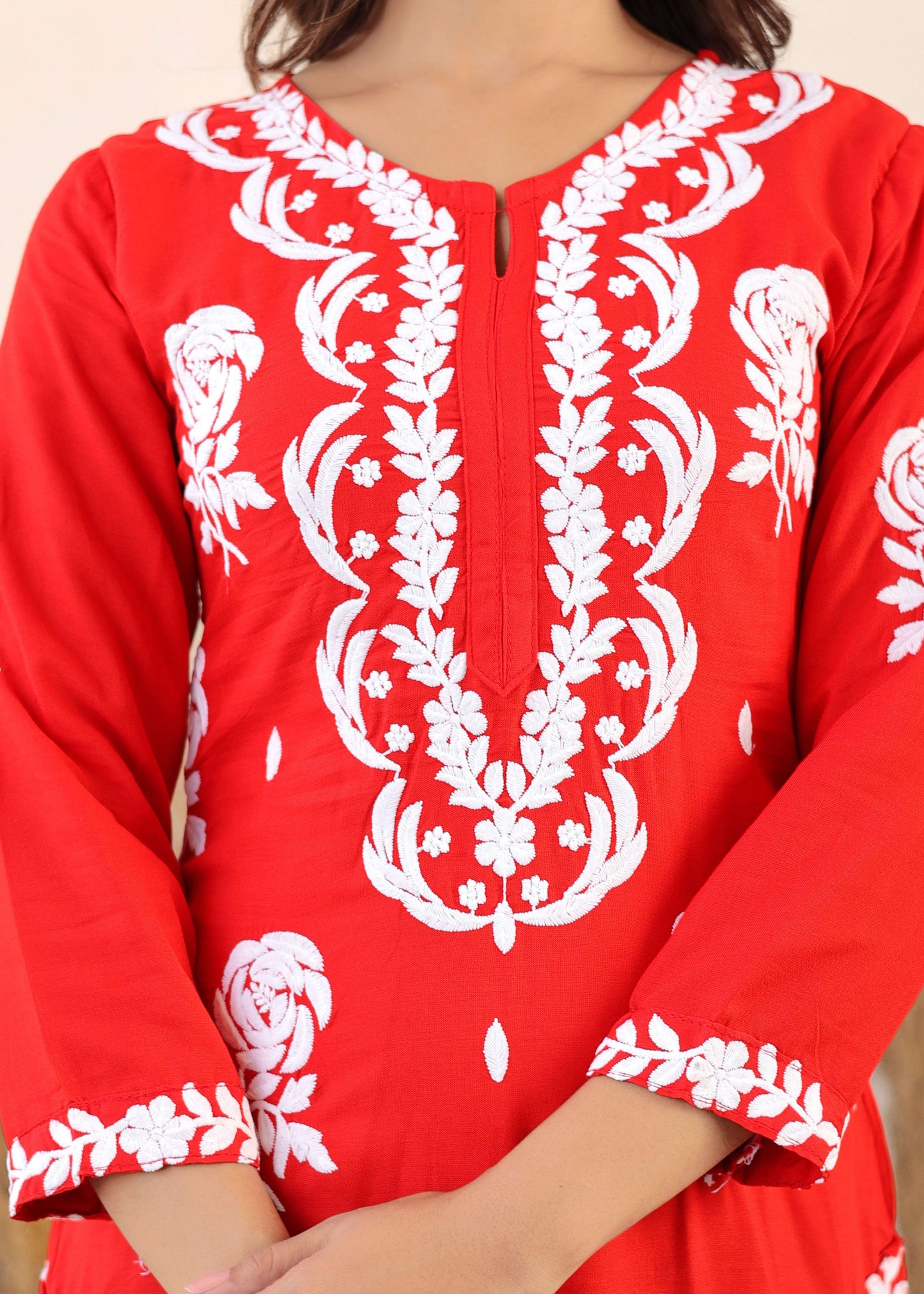 Red Chikan Embroidery Cotton Rayon Straight Kurta For Women