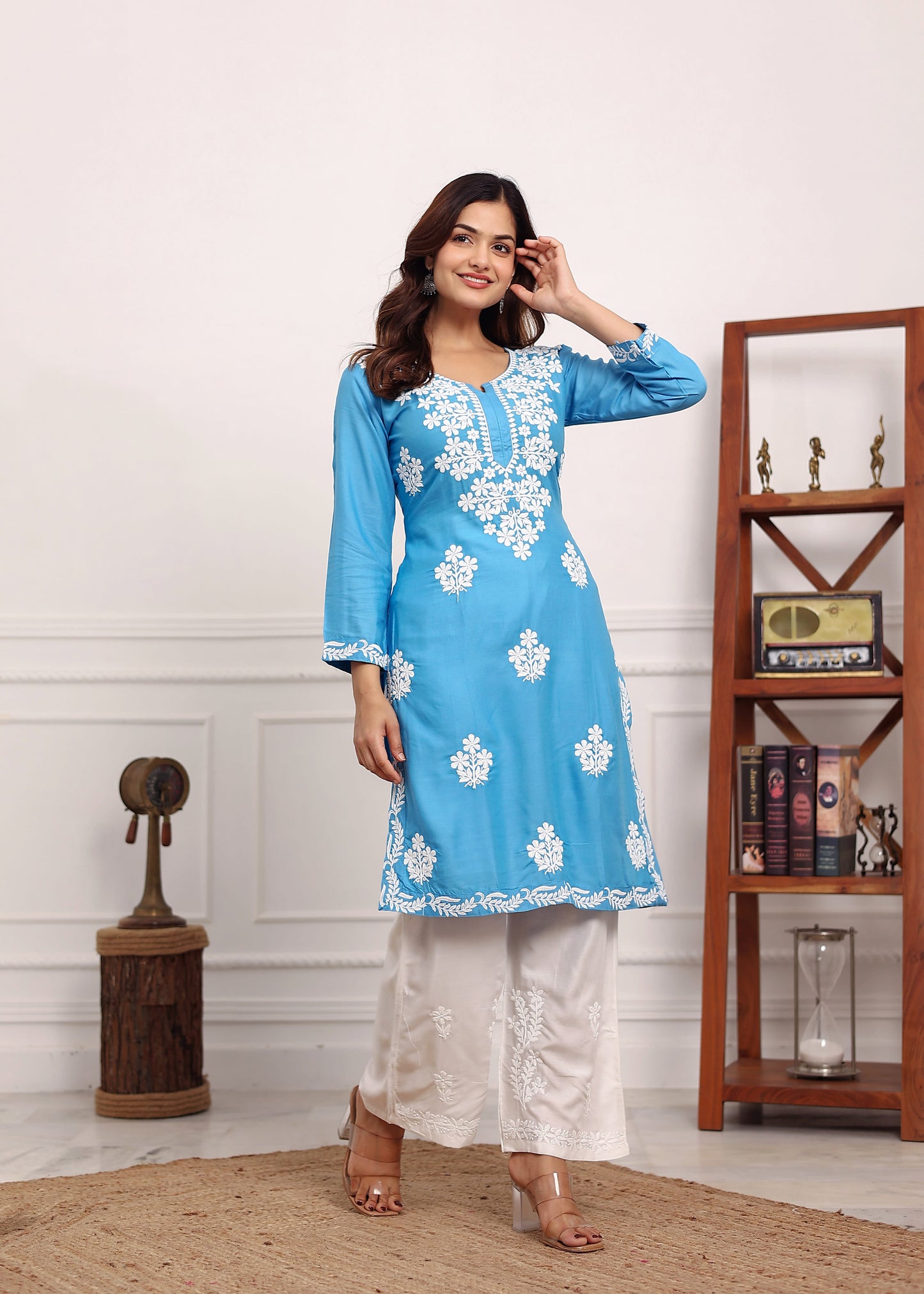 D SKY Chikan Kurta for Women Rayon Straight Chikankari Kurti And White Plazo Set