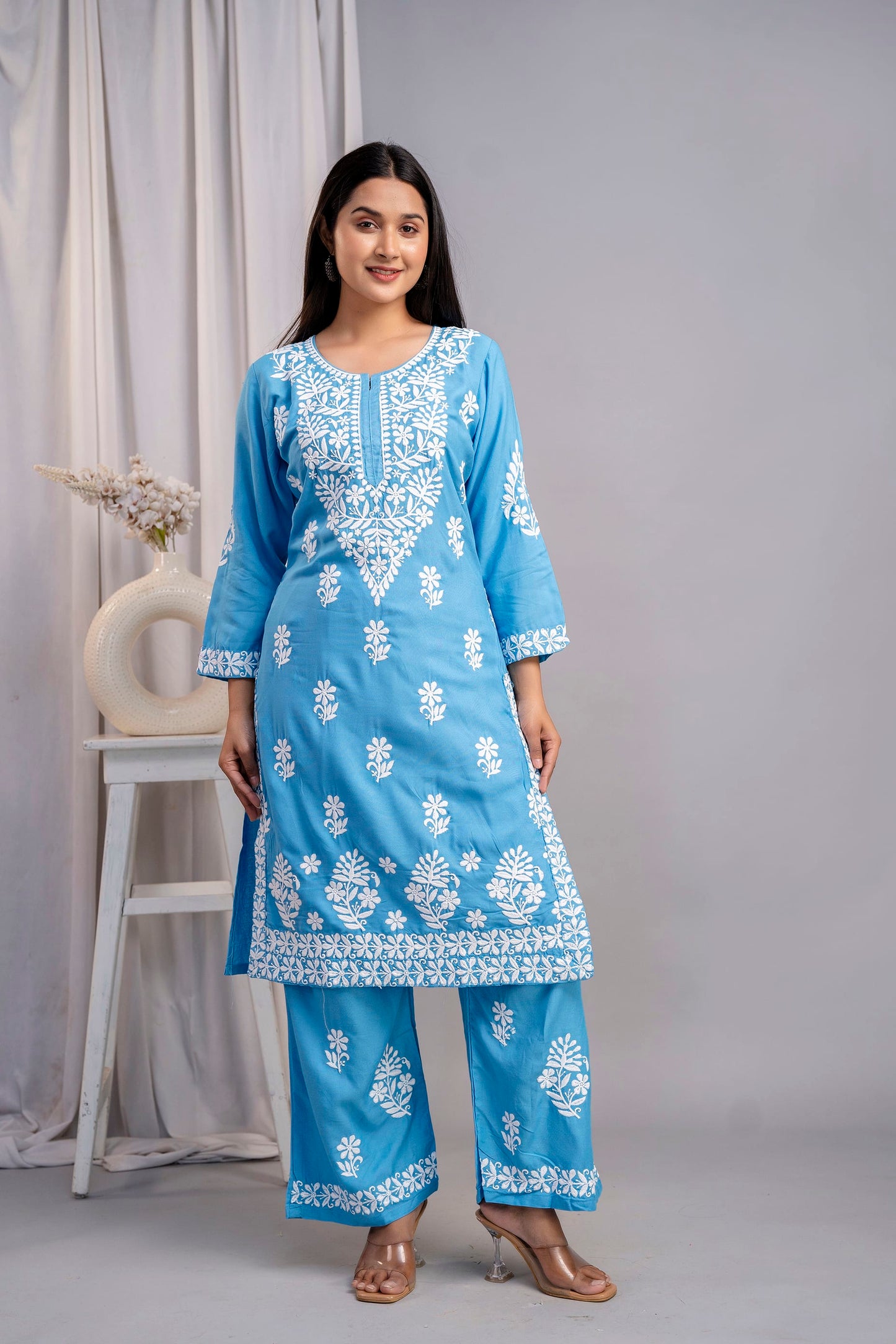 D SKY Chikankari Kurti and Plazzo Set for Girls and Women (Modal Kurti)