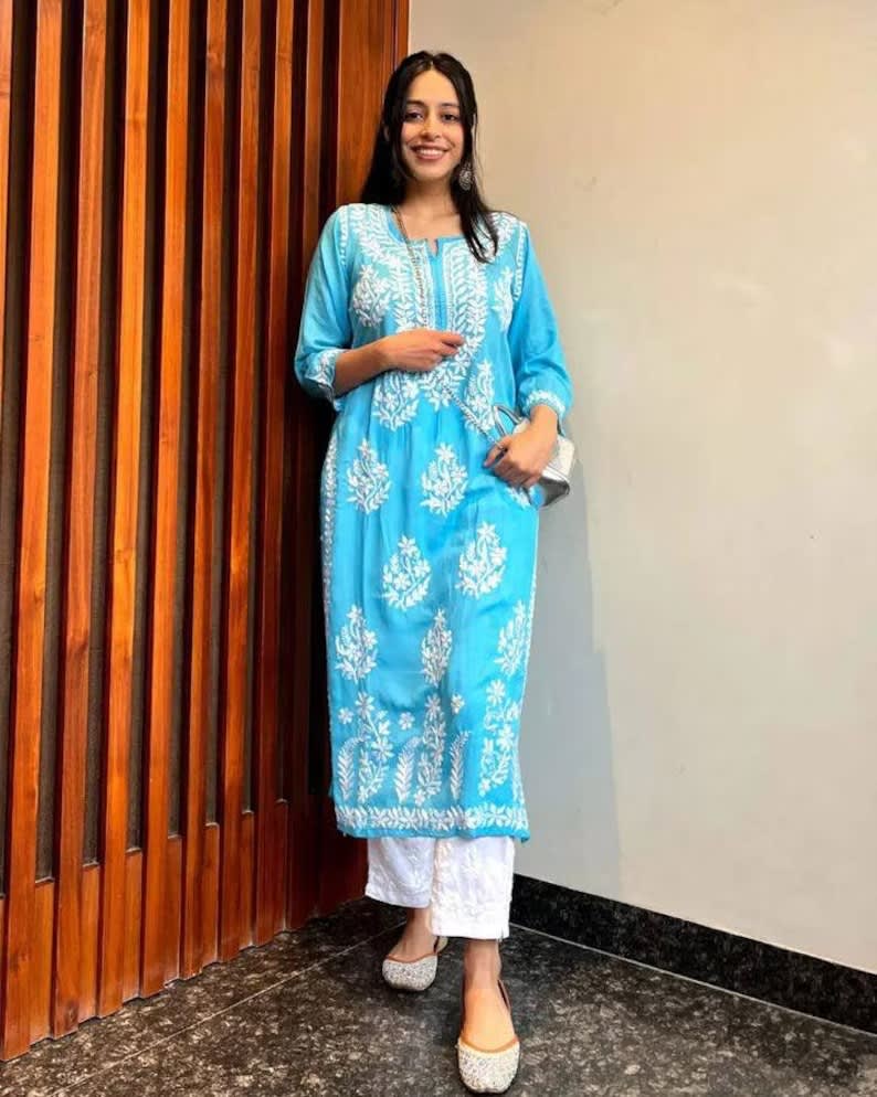 FIROJI FANCY BEAUTIFUL CHIKANKARI WORK DESIGN KURTI AND PLAZZO SET