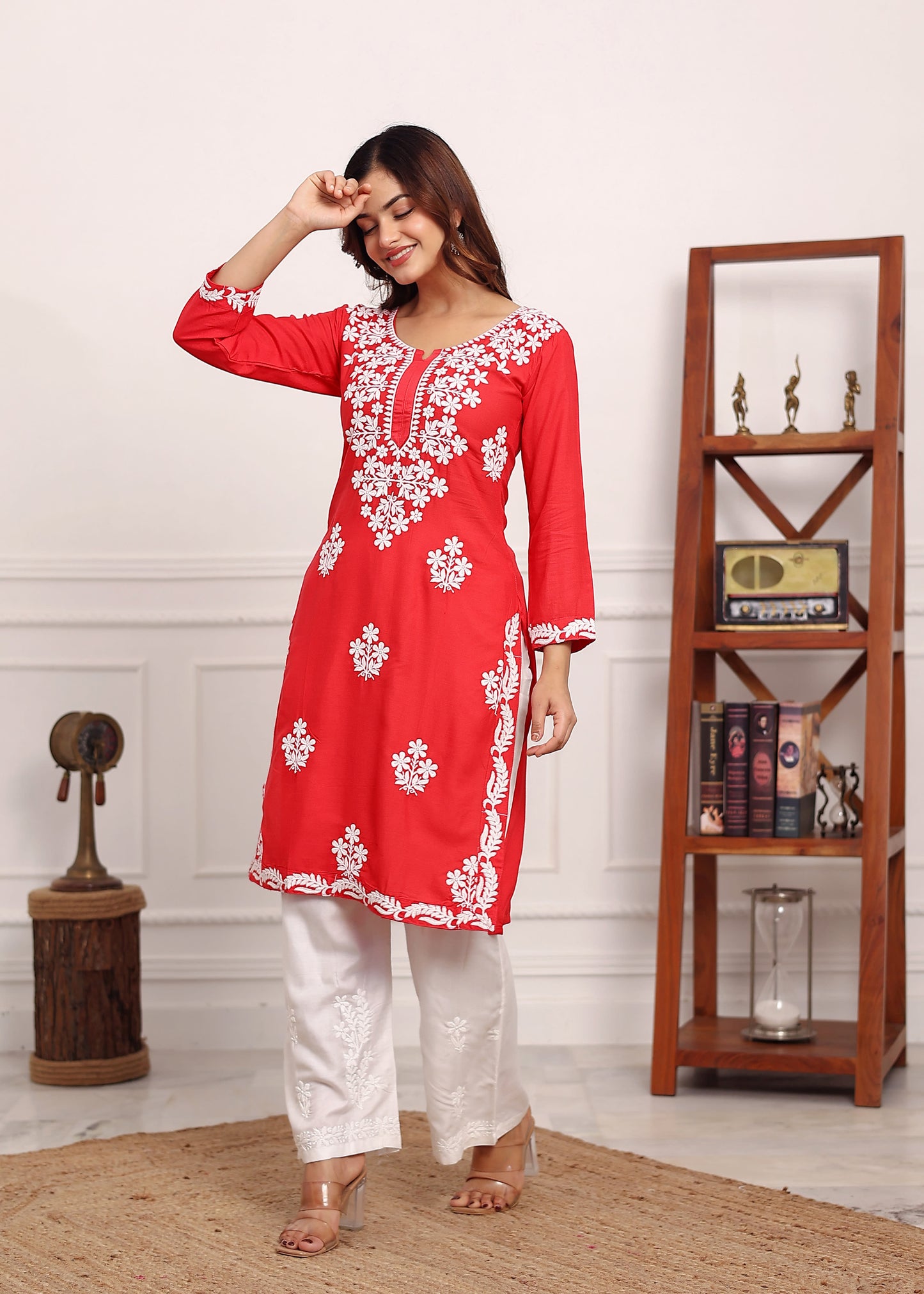 GAJARI Chikan Kurta for Women Rayon Straight Chikankari Kurti And White Plazo Set
