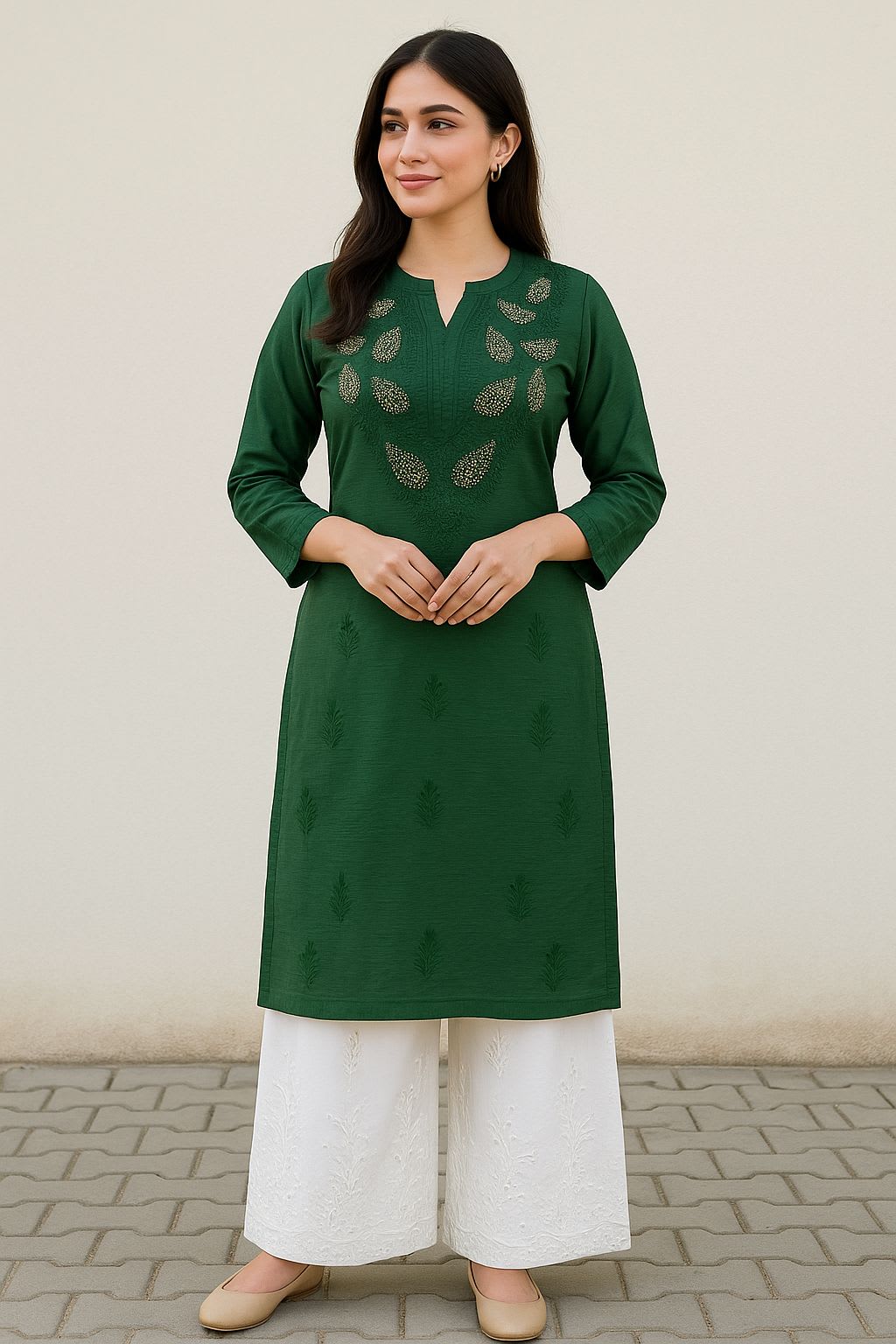 GREEN Chanderi With Authentic Lucknowi Chikankari & Mukaish Work Suit
