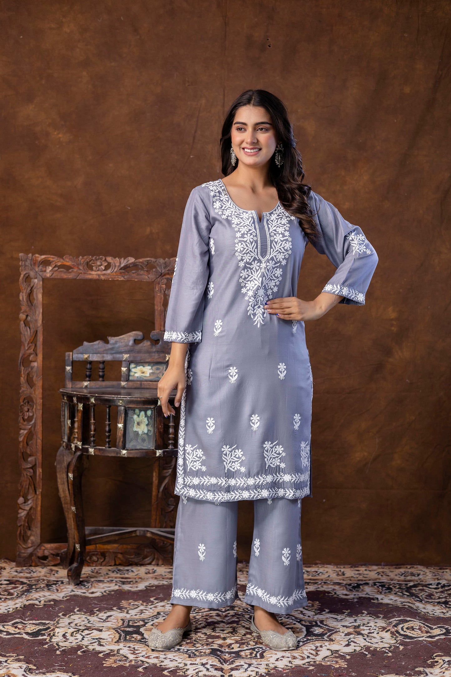 GREY Women Embroidered Straight Kurta & Palazzos Set