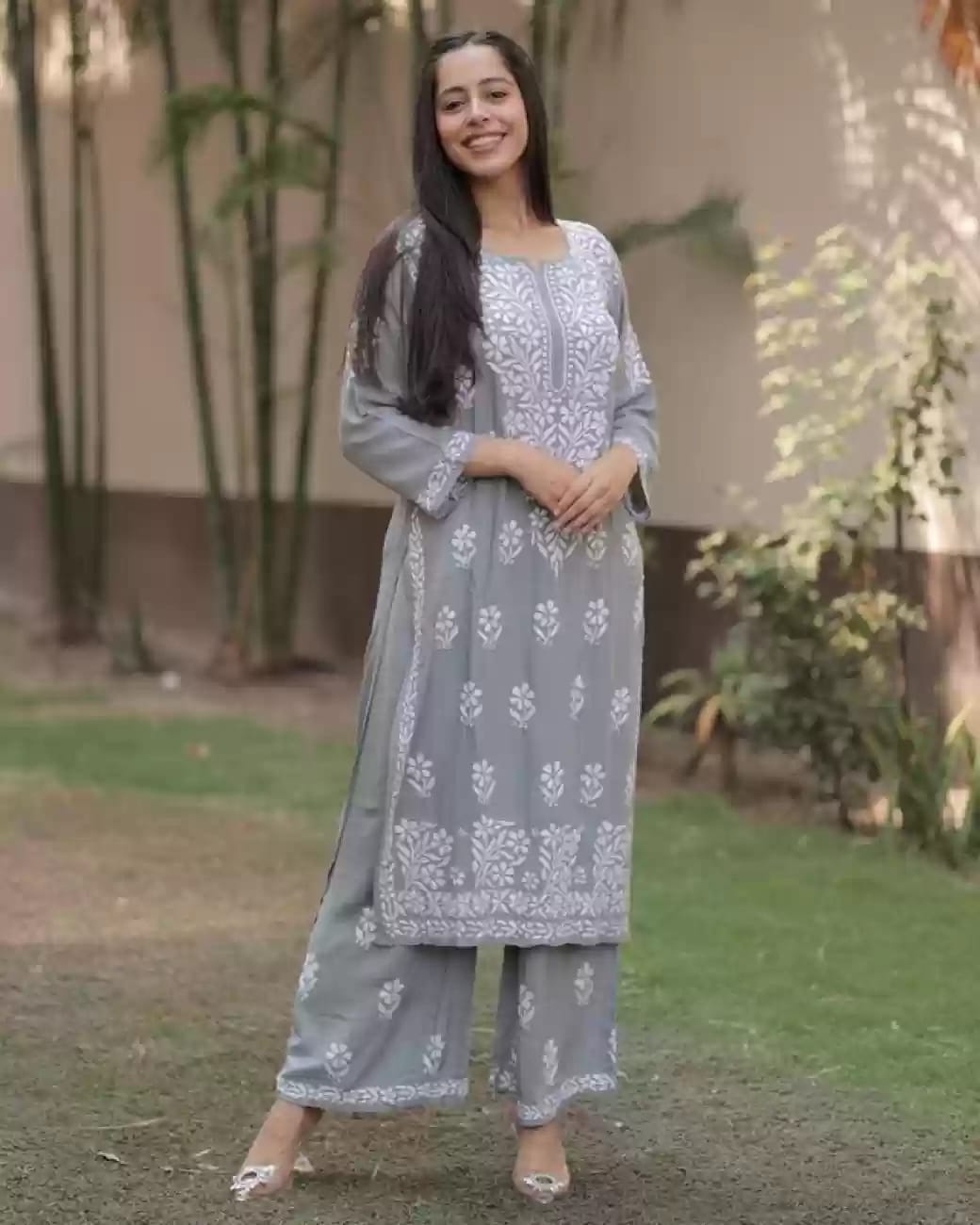 GREY Women Embroidery Chikankari Kurti Plazzo set