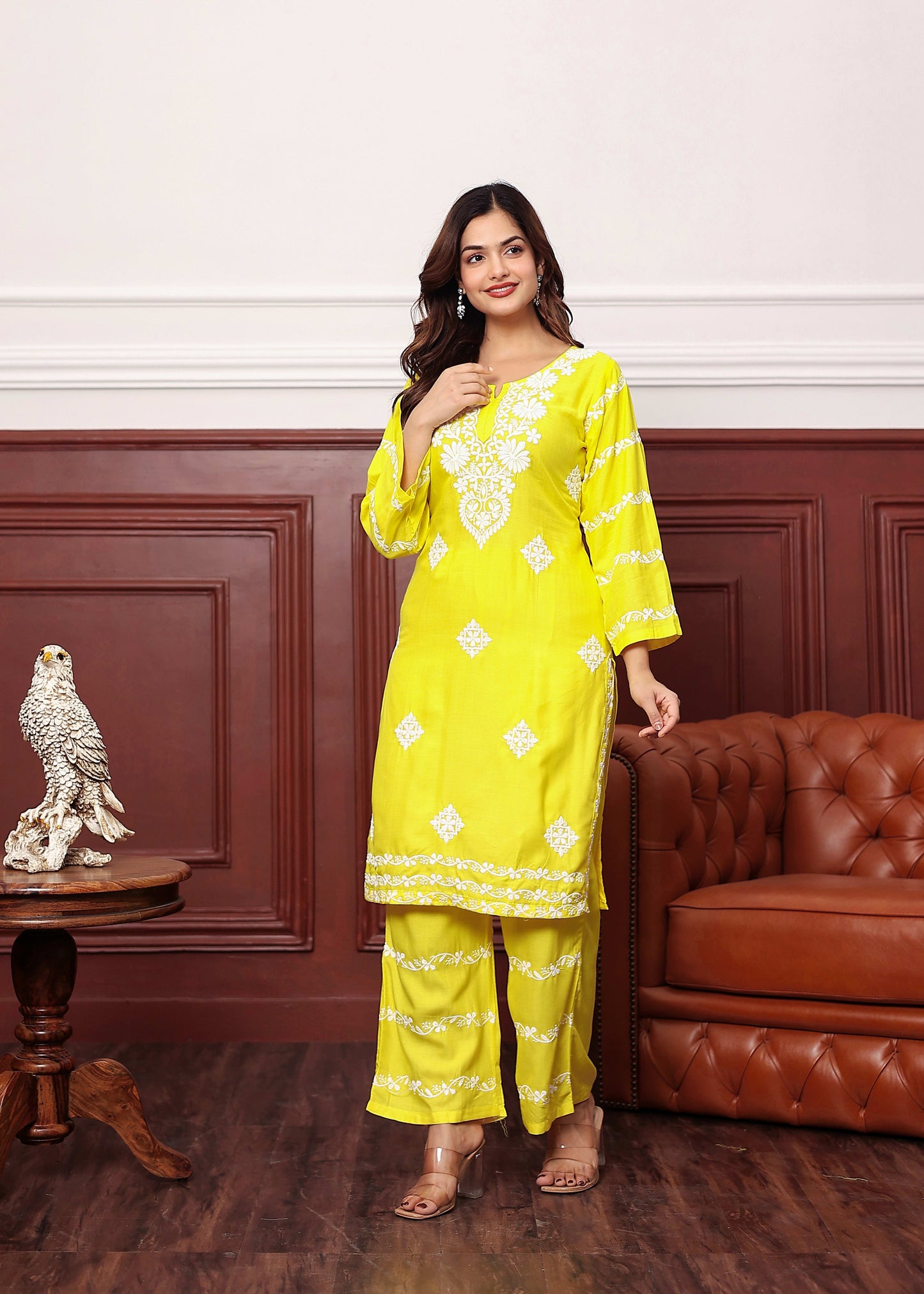 LEMON Women's rayon chikankari work straight kurta palazzo set for women