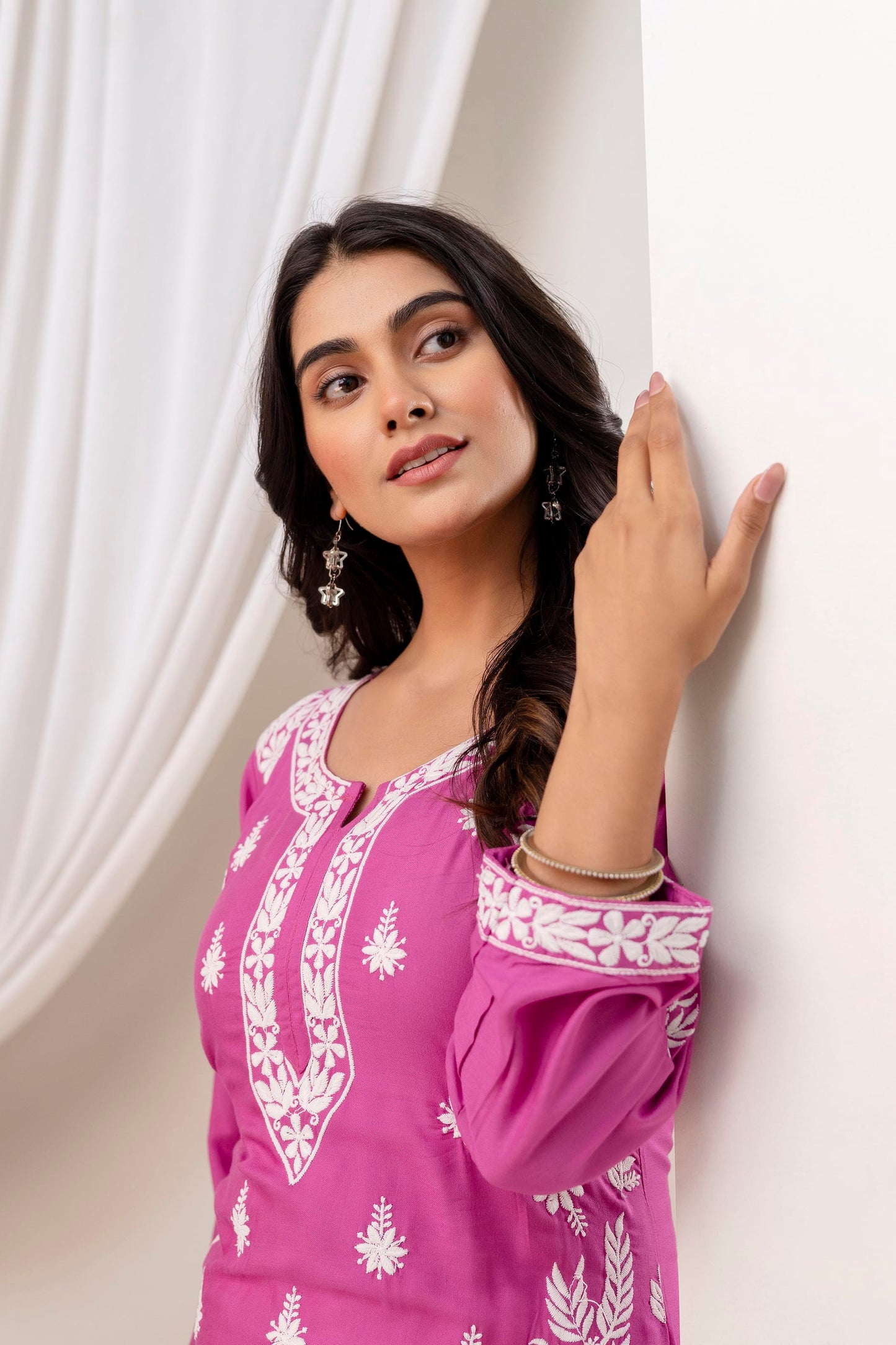 MAGENTA Women Embroidered Chikankari Modal Kurta Set