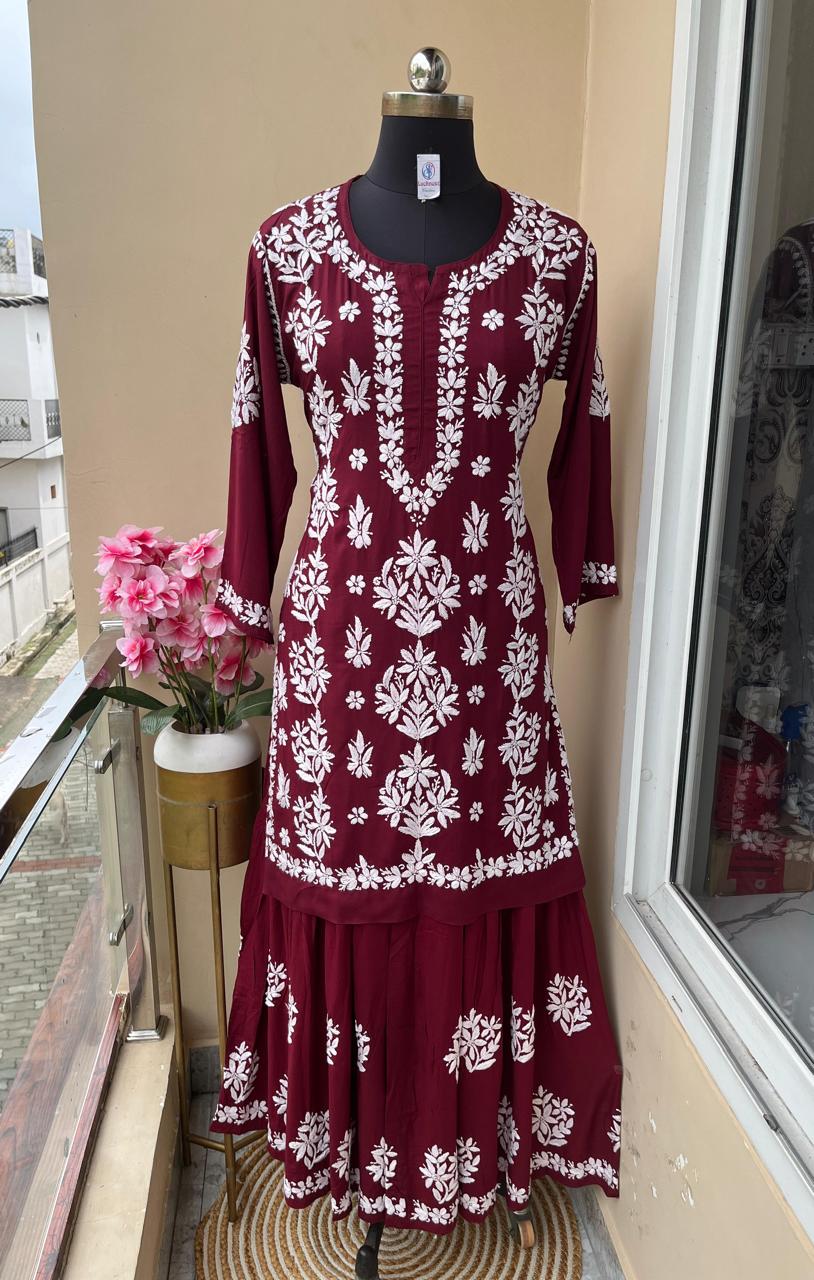 MAROON Beautiful Chikankari modal kurti garara set