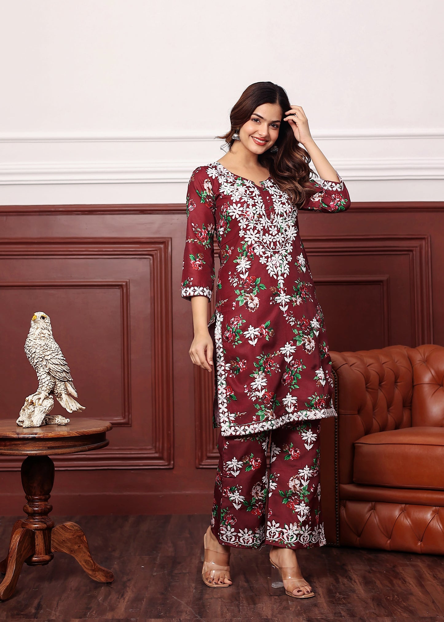 MAROON New Printed Chikankari Kurti Set for Women