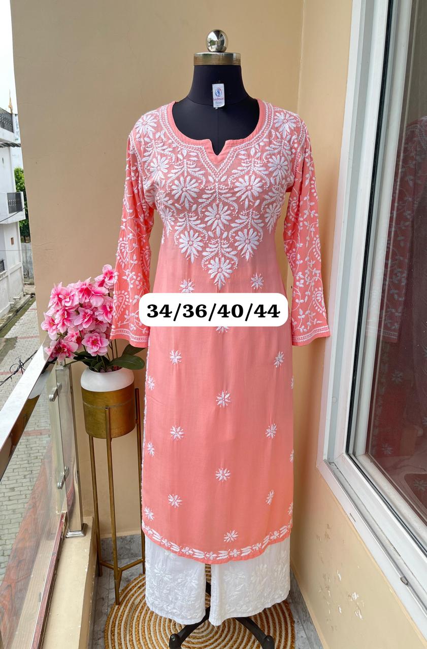 PEACH Chikankari Work Cotton Thread Rayon Palazo Kurtis