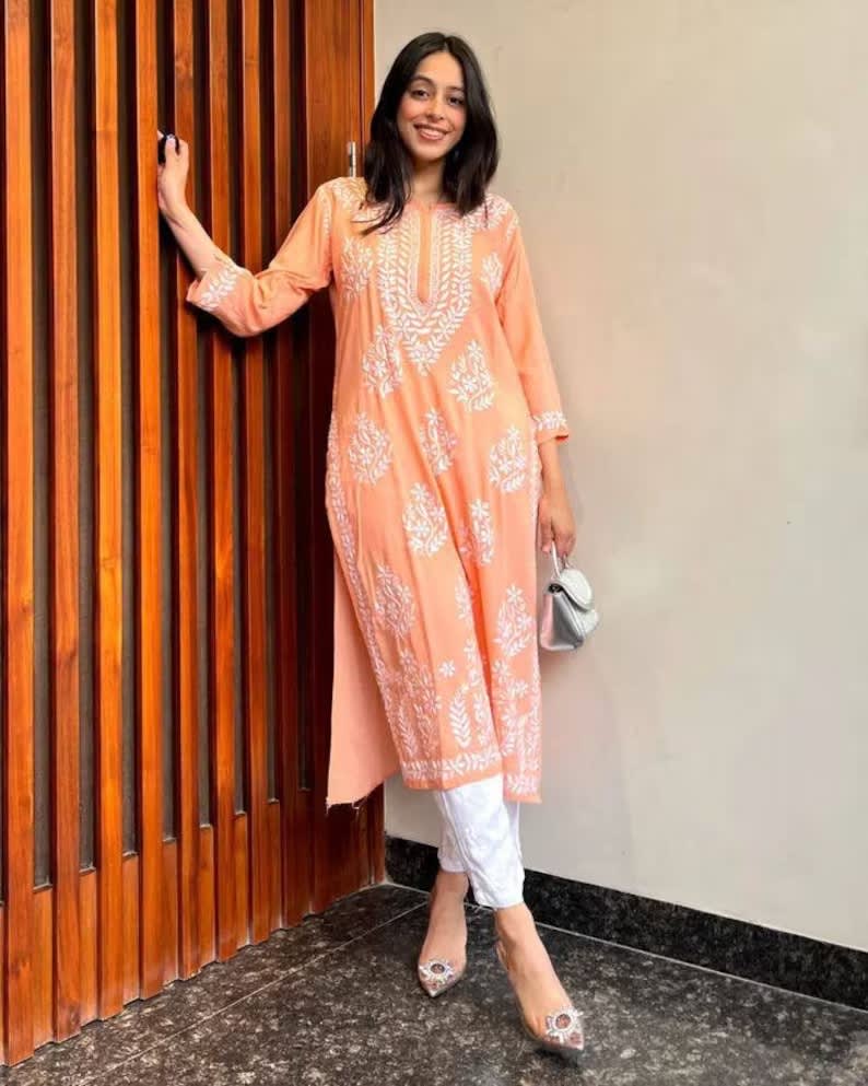 PEACH FANCY BEAUTIFUL CHIKANKARI WORK DESIGN KURTI AND PLAZZO SET