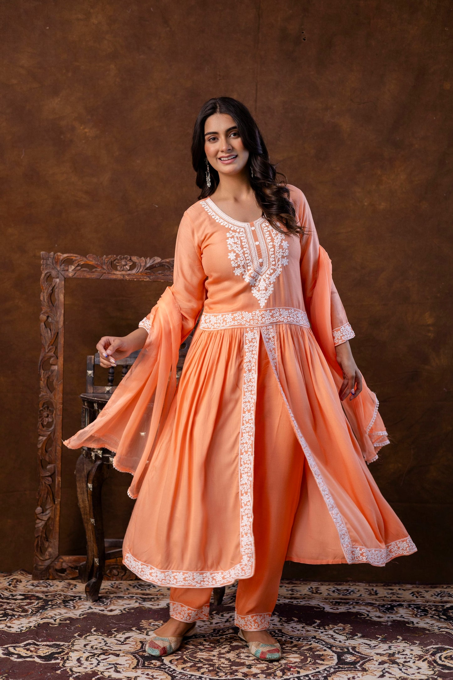 PEACH Women Embroidered Fashionable Printed || Naira Cut Kurta, Pant and Dupatta Set for Wedding, Party & Festivals