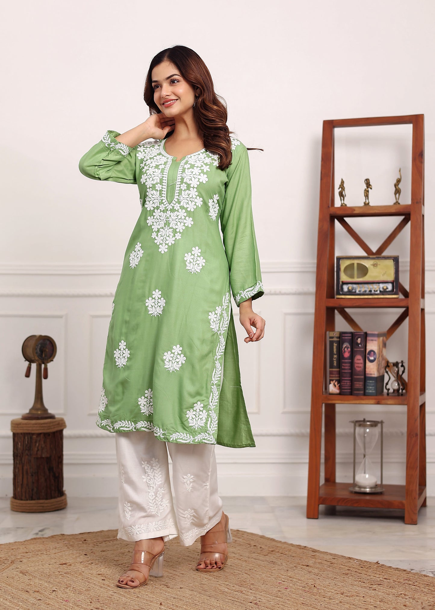 PISTA Chikan Kurta for Women Rayon Straight Chikankari Kurti And White Plazo Set
