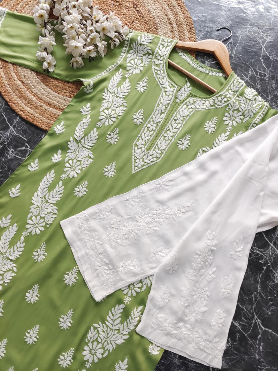 PISTA Rayon Chikankari Kurta With Palazzo