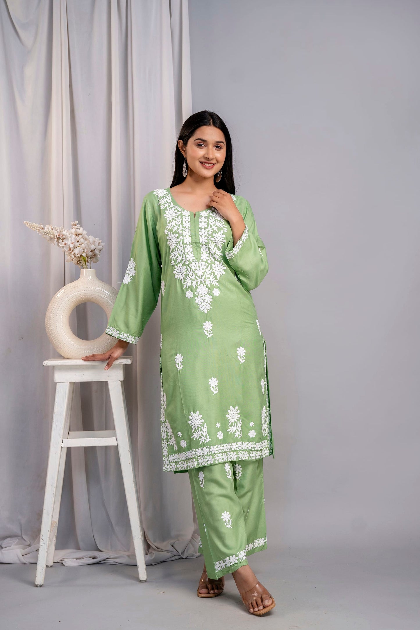 PISTA Women's Exclusive Kurti & Palazzo Set on Pure Rayon Fabric Chikan Suit
