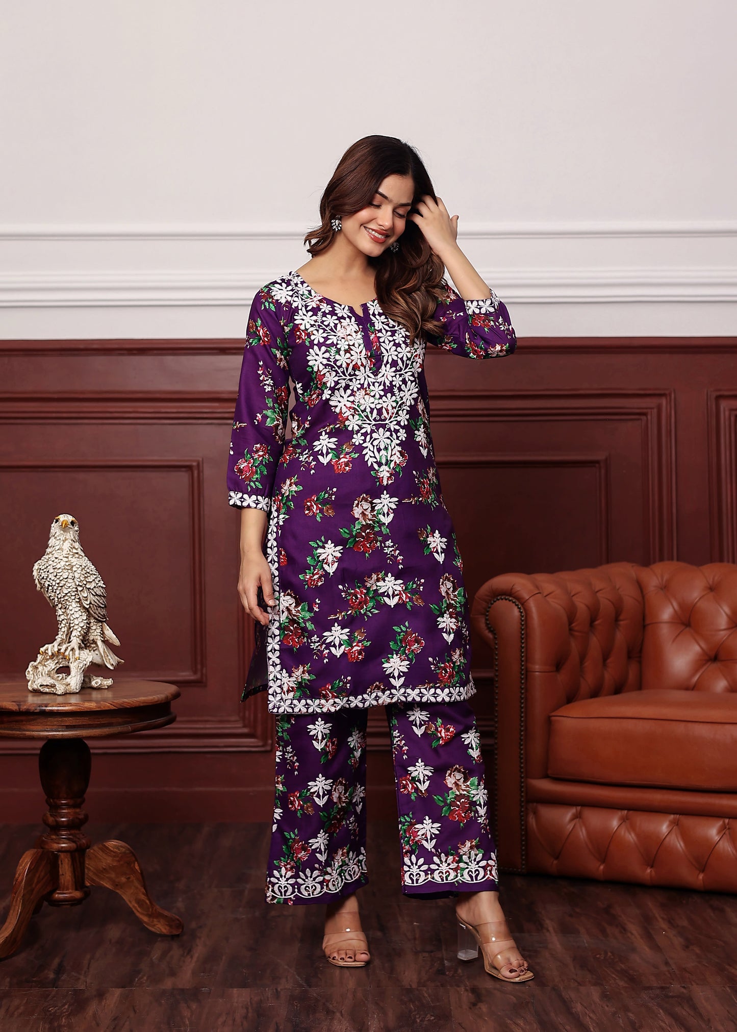 PURPLE New Printed Chikankari Kurti Set for Women