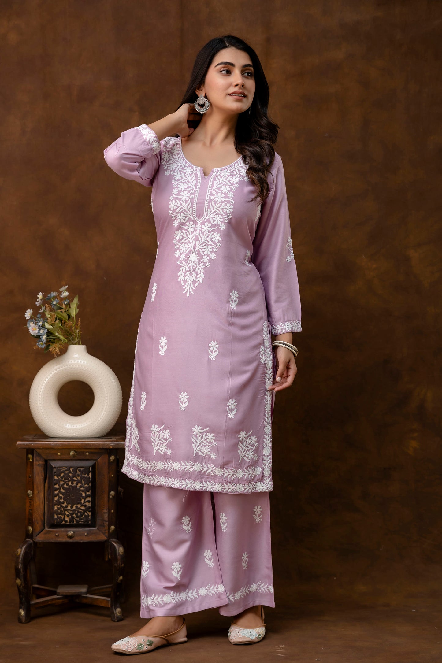 PYAZI Women Embroidered Straight Kurta & Palazzos Set