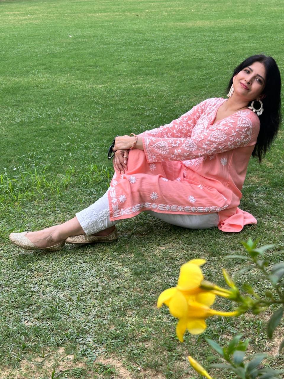 Peach Chikankari Work Cotton Thread Rayon Palazo Kurtis