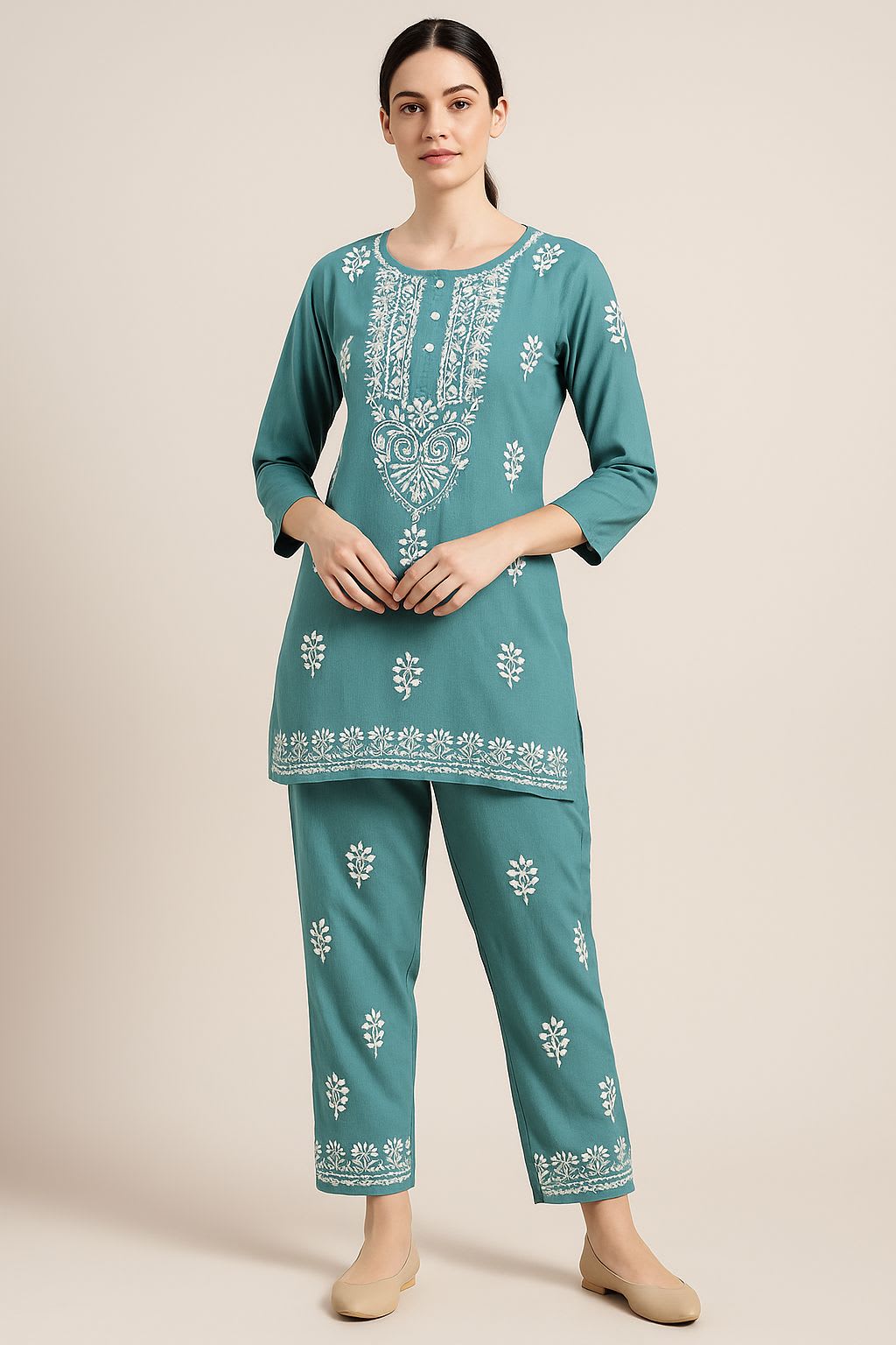 RAMA GREEN Premium Reyon Fabric cord-Sets With Beautifully Chikankari Embroidery Work