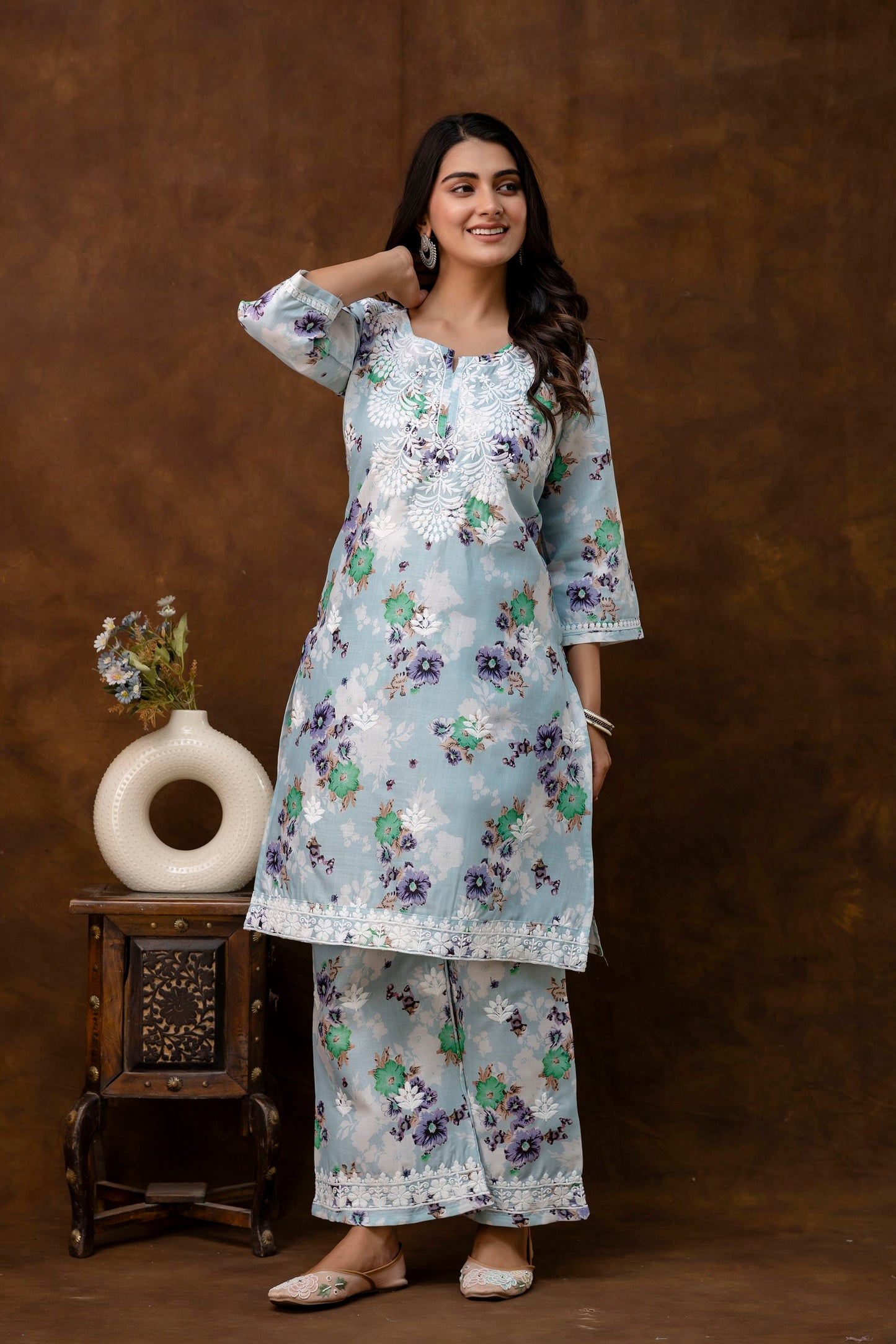 RAMA GREEN cotton printed with chikanakri work kurti and plazo set