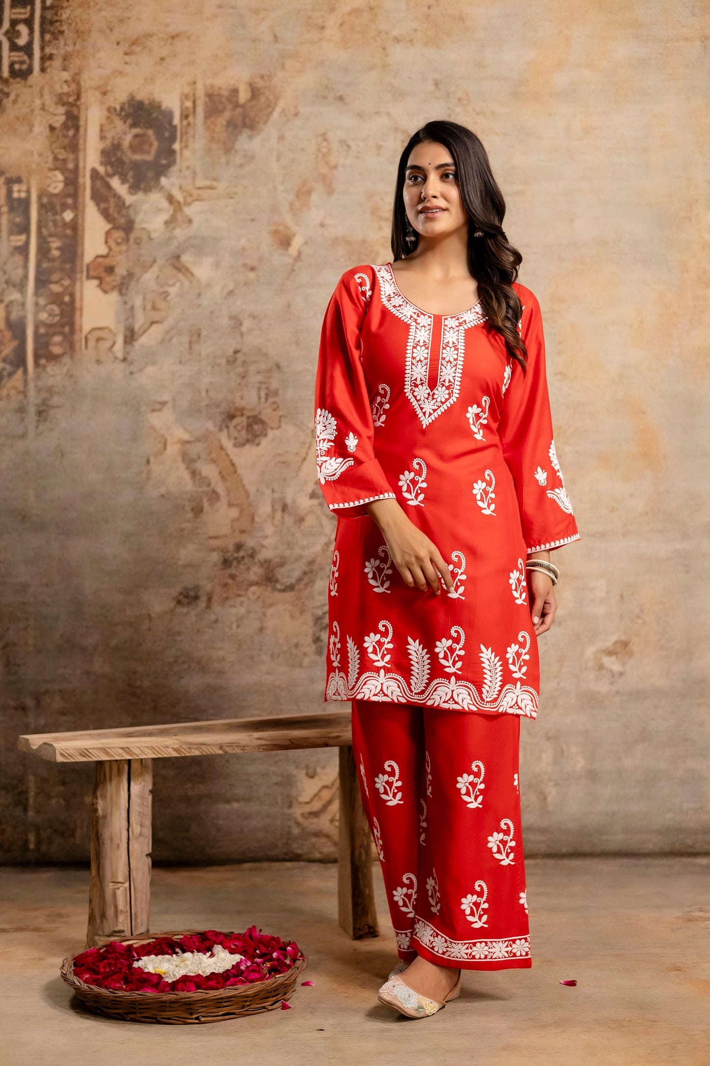 RED Women Rayon Ethnic Top Plazzo Set