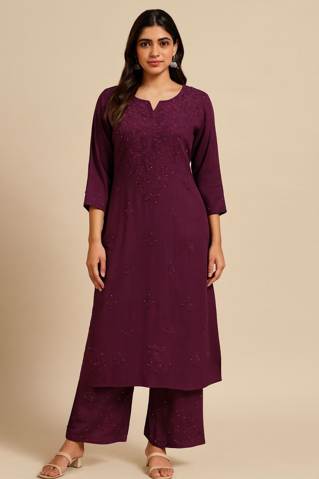 WINE Chikankari Kurta and plazzo set with mukaish work