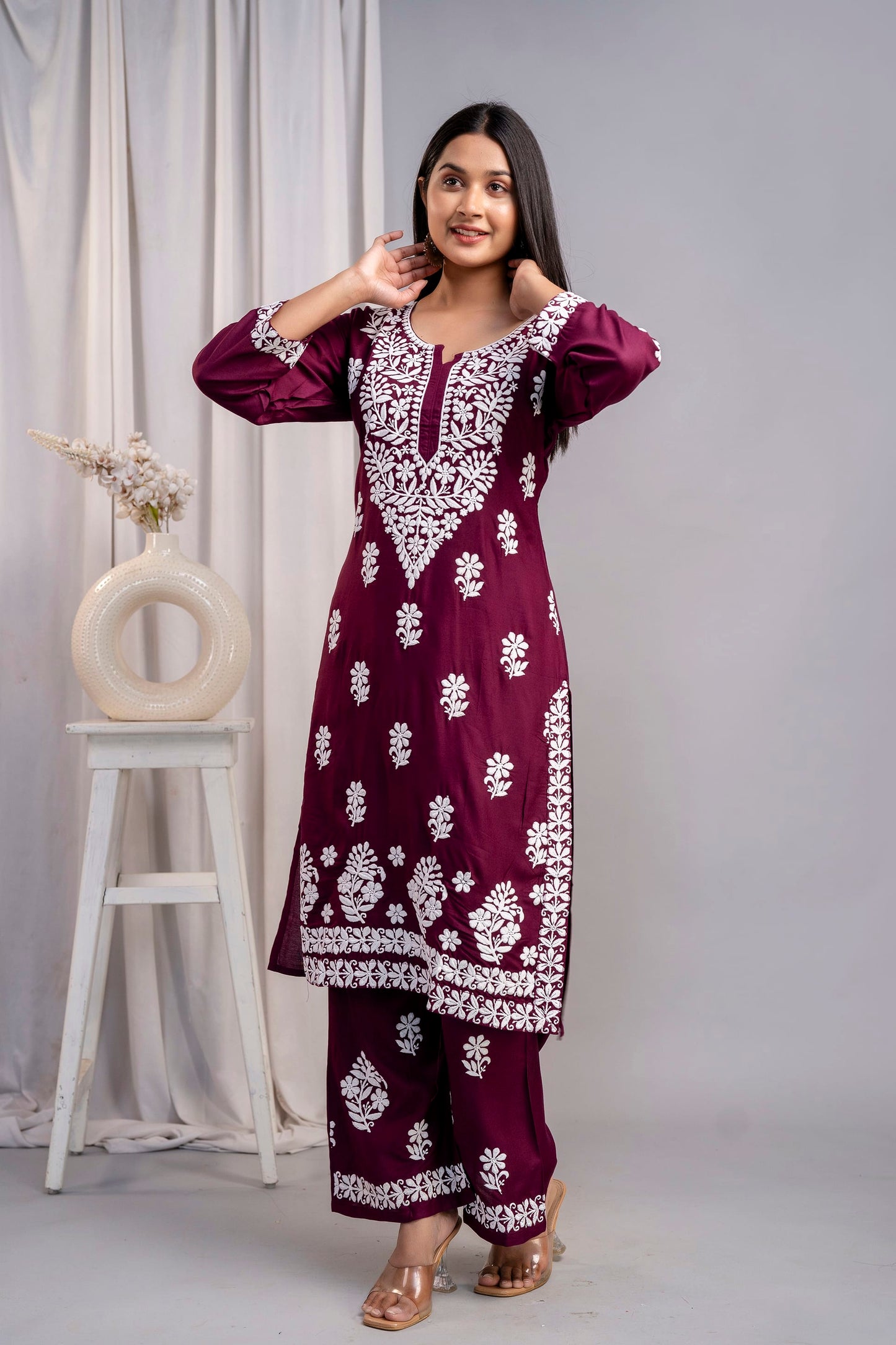 WINE Chikankari Kurti and Plazzo Set for Girls and Women (Modal Kurti)
