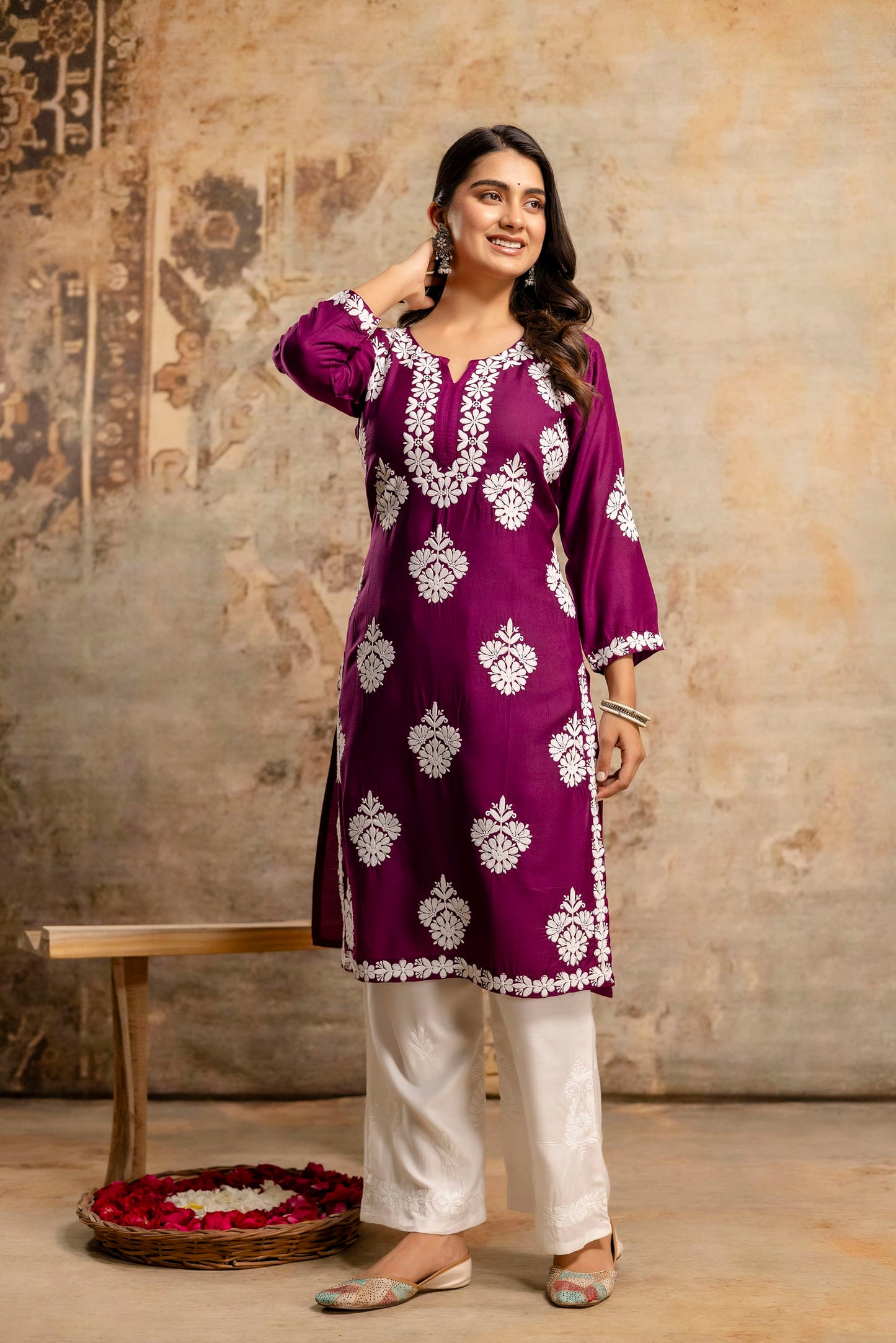 WINE Floral Embroidered Round Neck Chikankari Straight Kurta with Palazzos