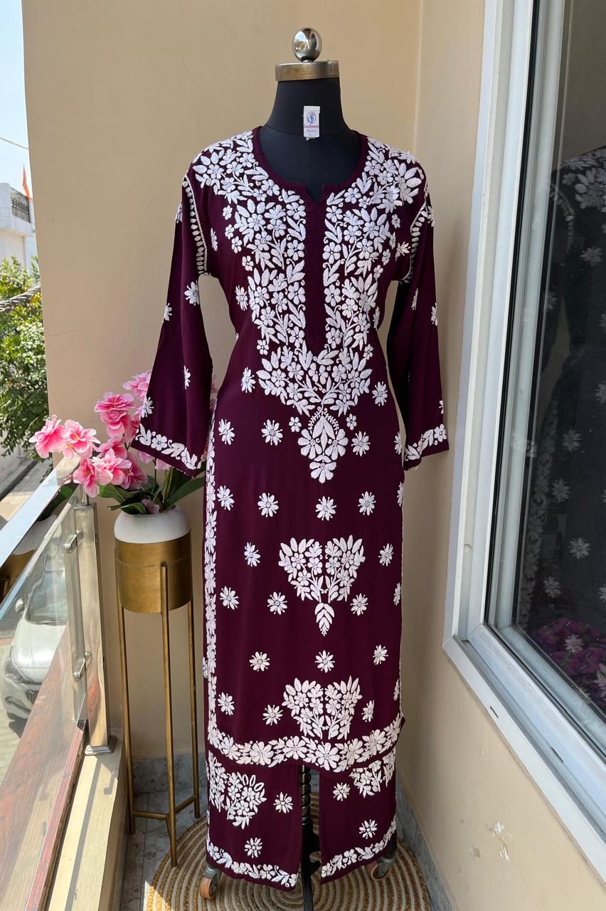 WINE Long Chikankari Work Latest Rayon kurti wirh plazo set