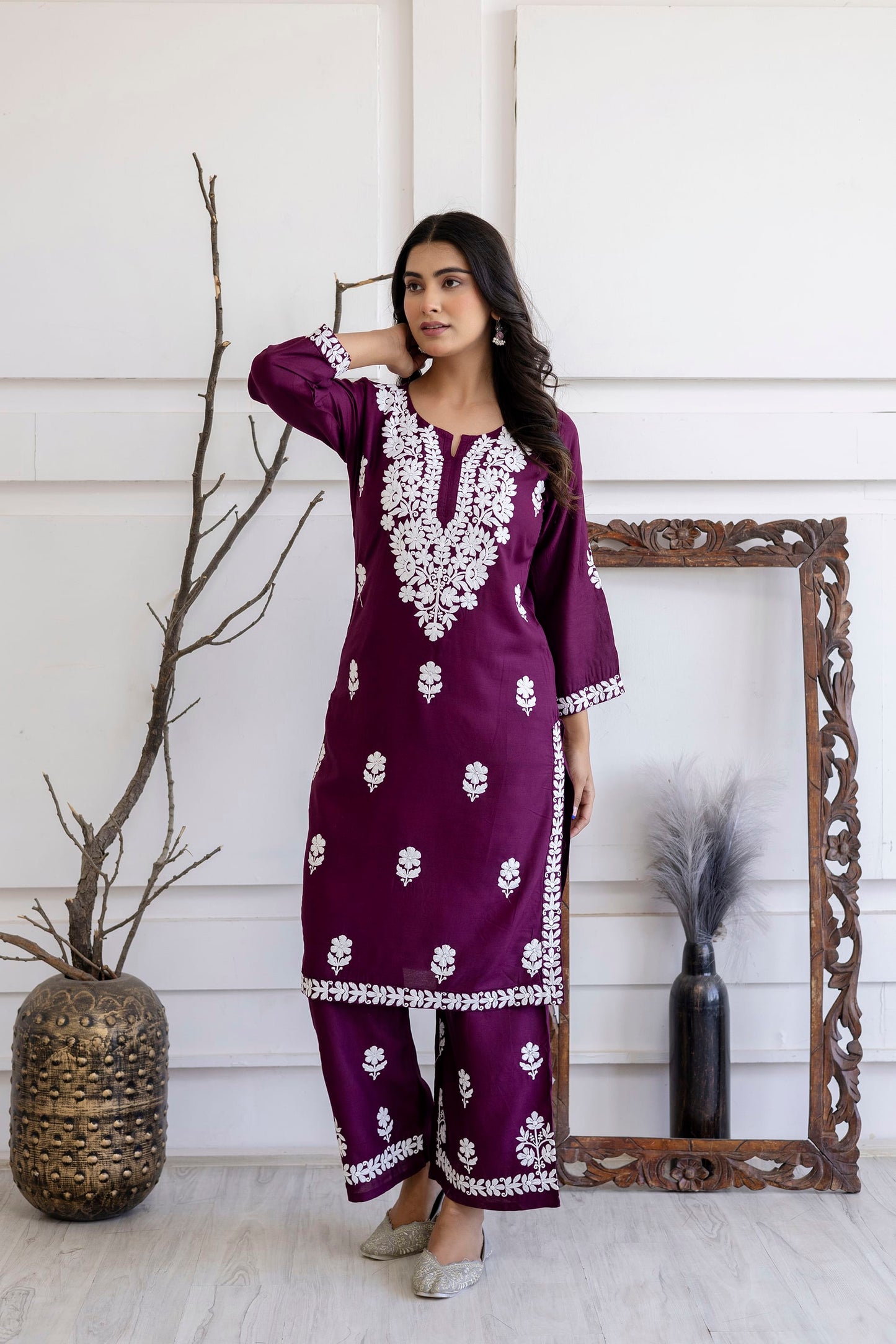 WINE Women Rayon Embroidered Kurta Set