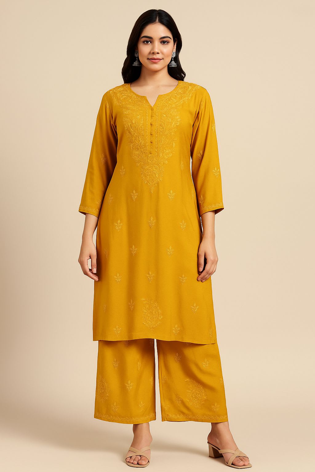 YELLOW Chikankari Kurta and plazzo set with mukaish work