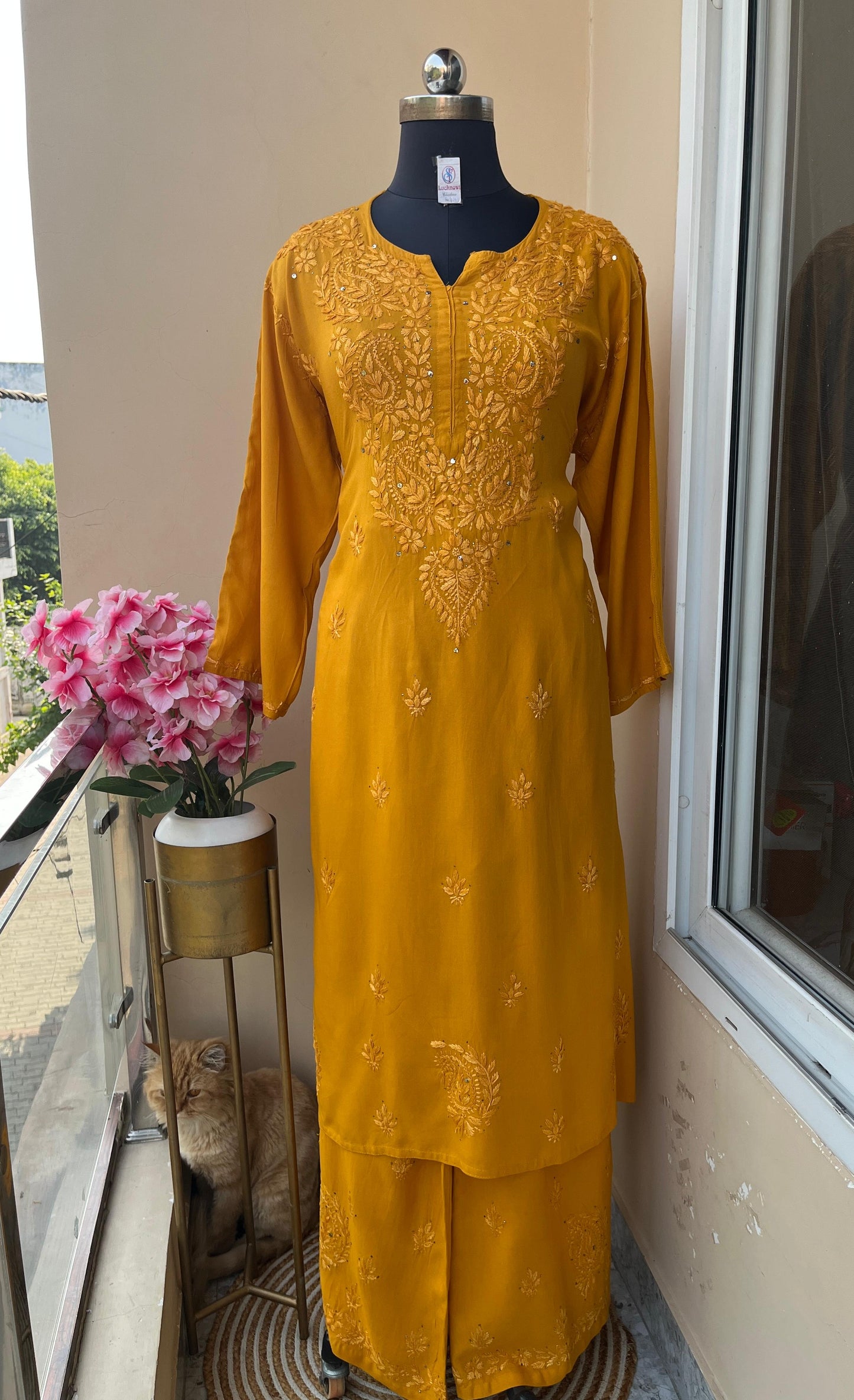 YELLOW Floral Embroidered Notch-Neck Chikankari Kurta With Palazzos