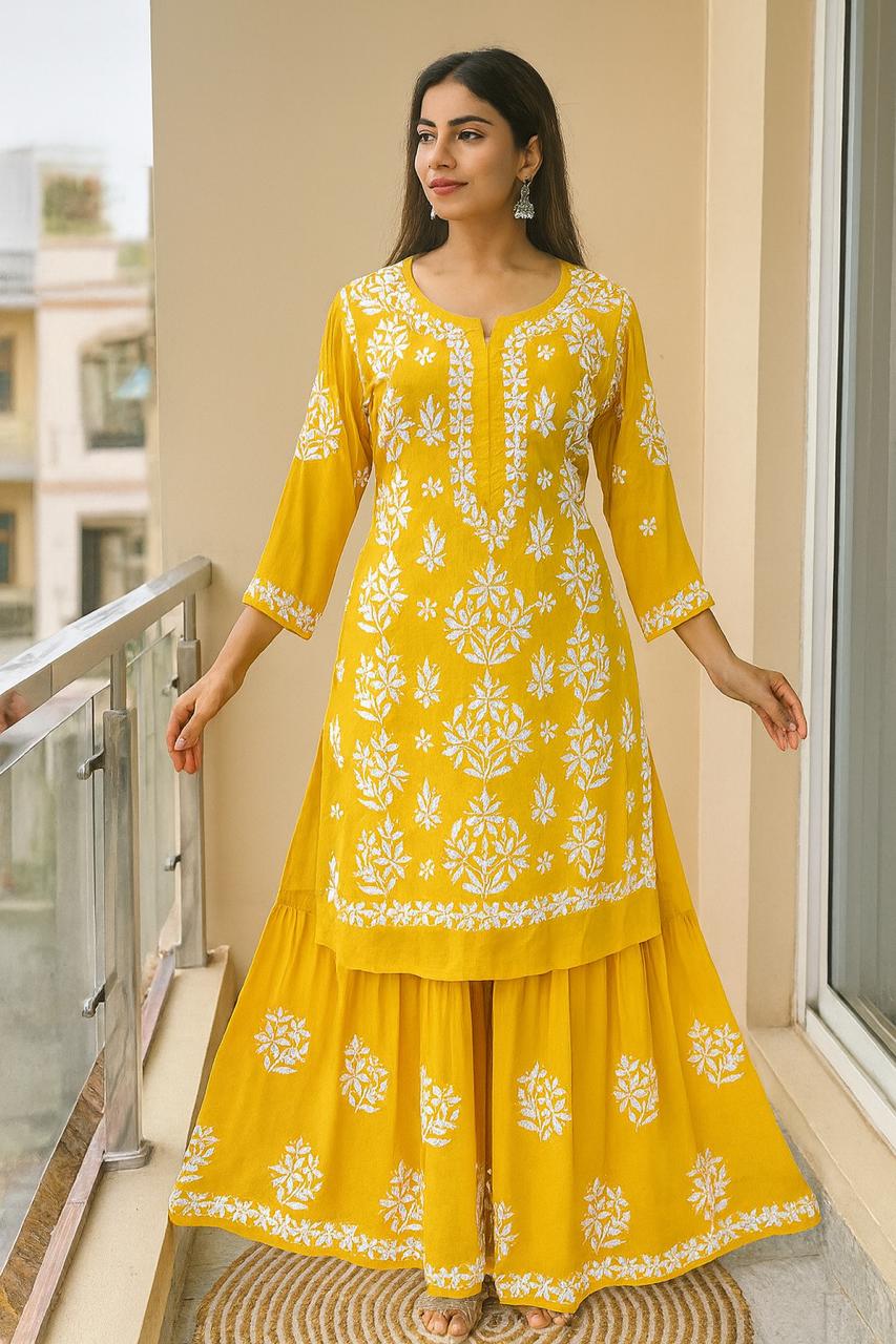 YELLOW NEW STYLISH KURTA AND SARARA SET