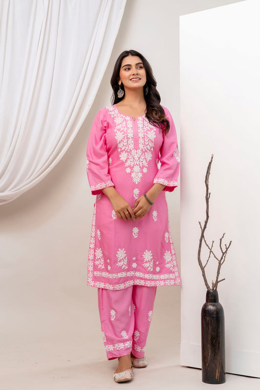 PINK Beautiful Embroidered Chikankari Kurta Set