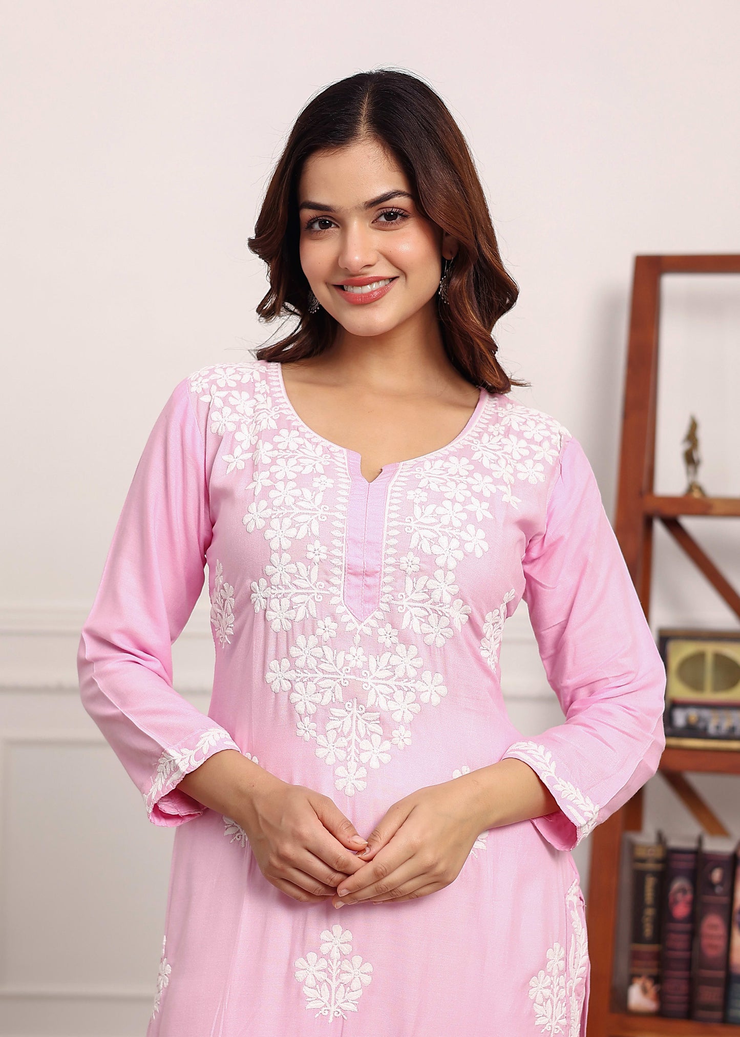 BABY PINK Chikan Kurta for Women Rayon Straight Chikankari Kurti And White Plazo Set