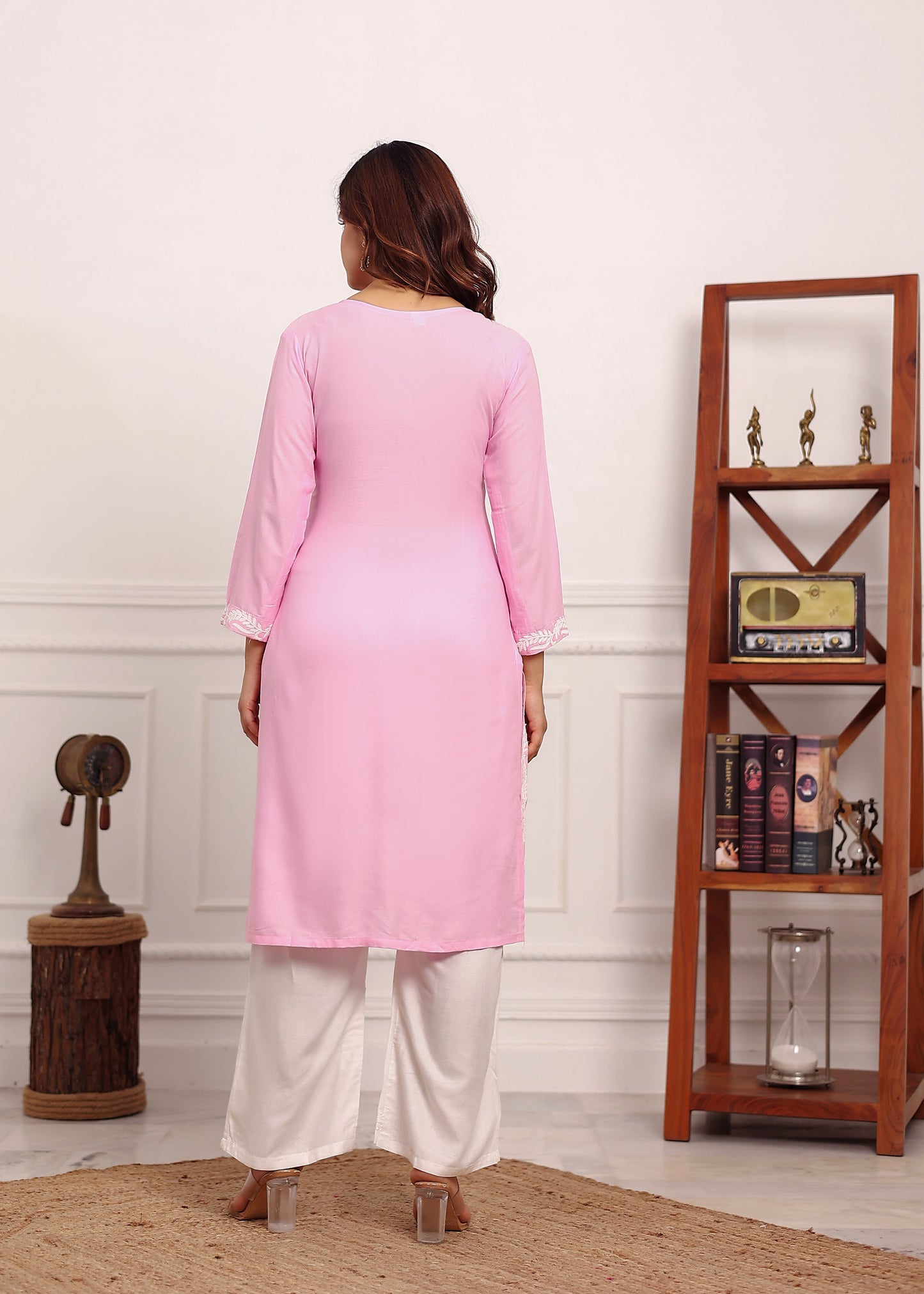 BABY PINK Chikan Kurta for Women Rayon Straight Chikankari Kurti And White Plazo Set