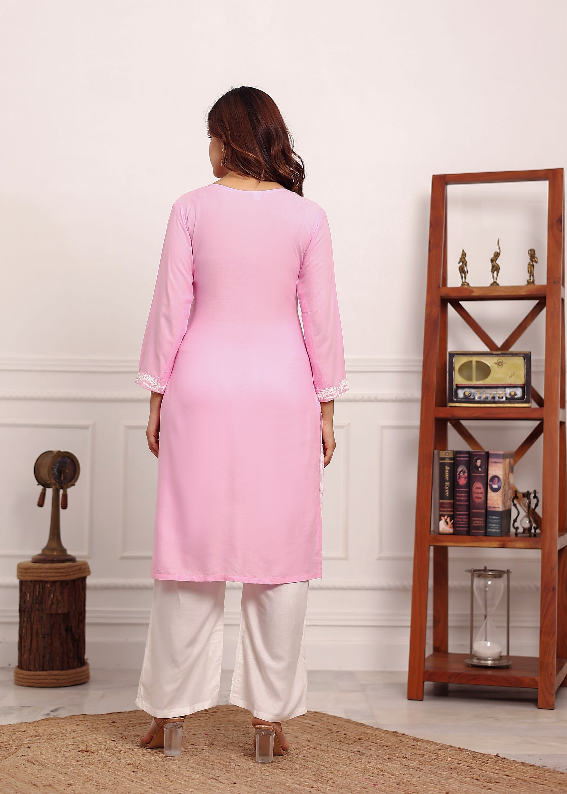 BABY PINK Chikan Kurta for Women Rayon Straight Chikankari Kurti And White Plazo Set