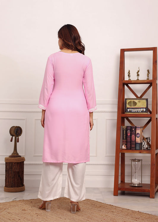 BABY PINK Chikan Kurta for Women Rayon Straight Chikankari Kurti And White Plazo Set