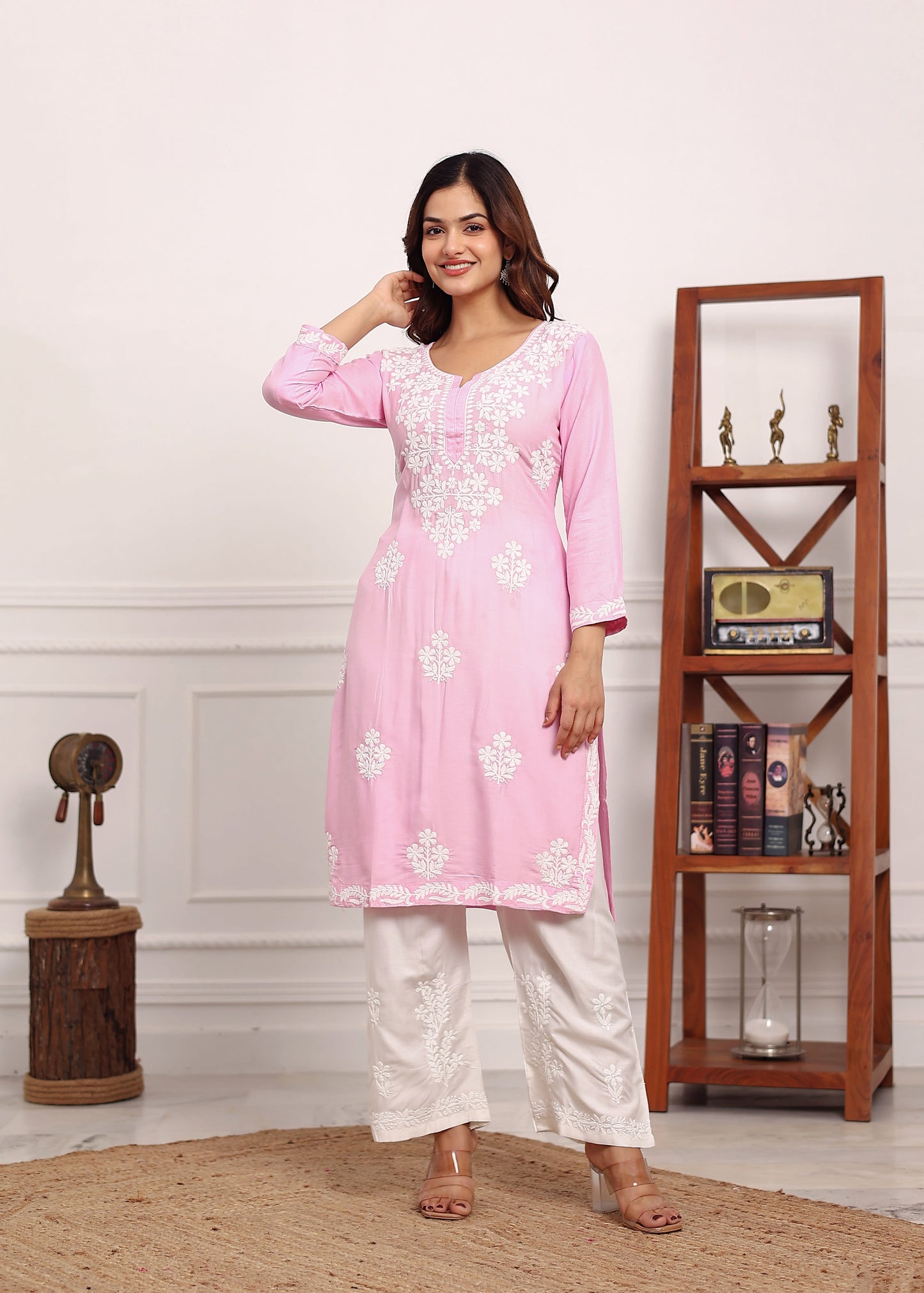 BABY PINK Chikan Kurta for Women Rayon Straight Chikankari Kurti And White Plazo Set