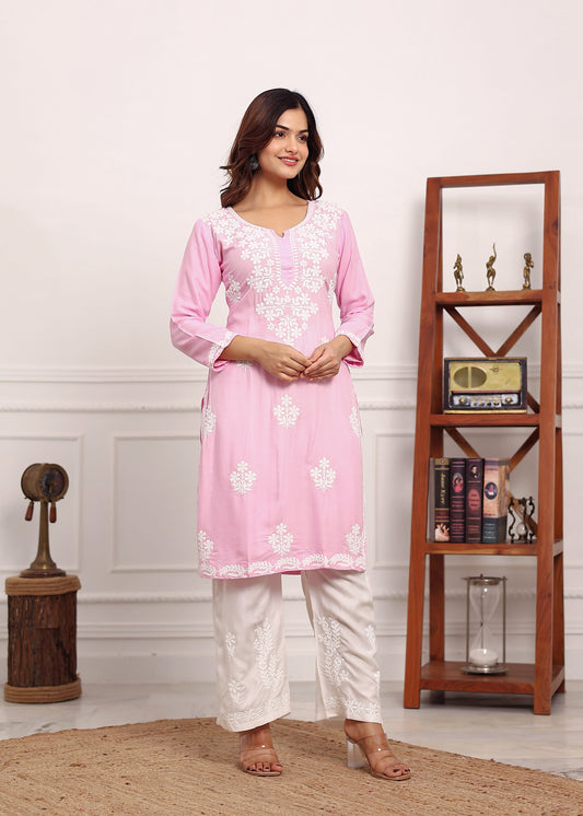 BABY PINK Chikan Kurta for Women Rayon Straight Chikankari Kurti And White Plazo Set