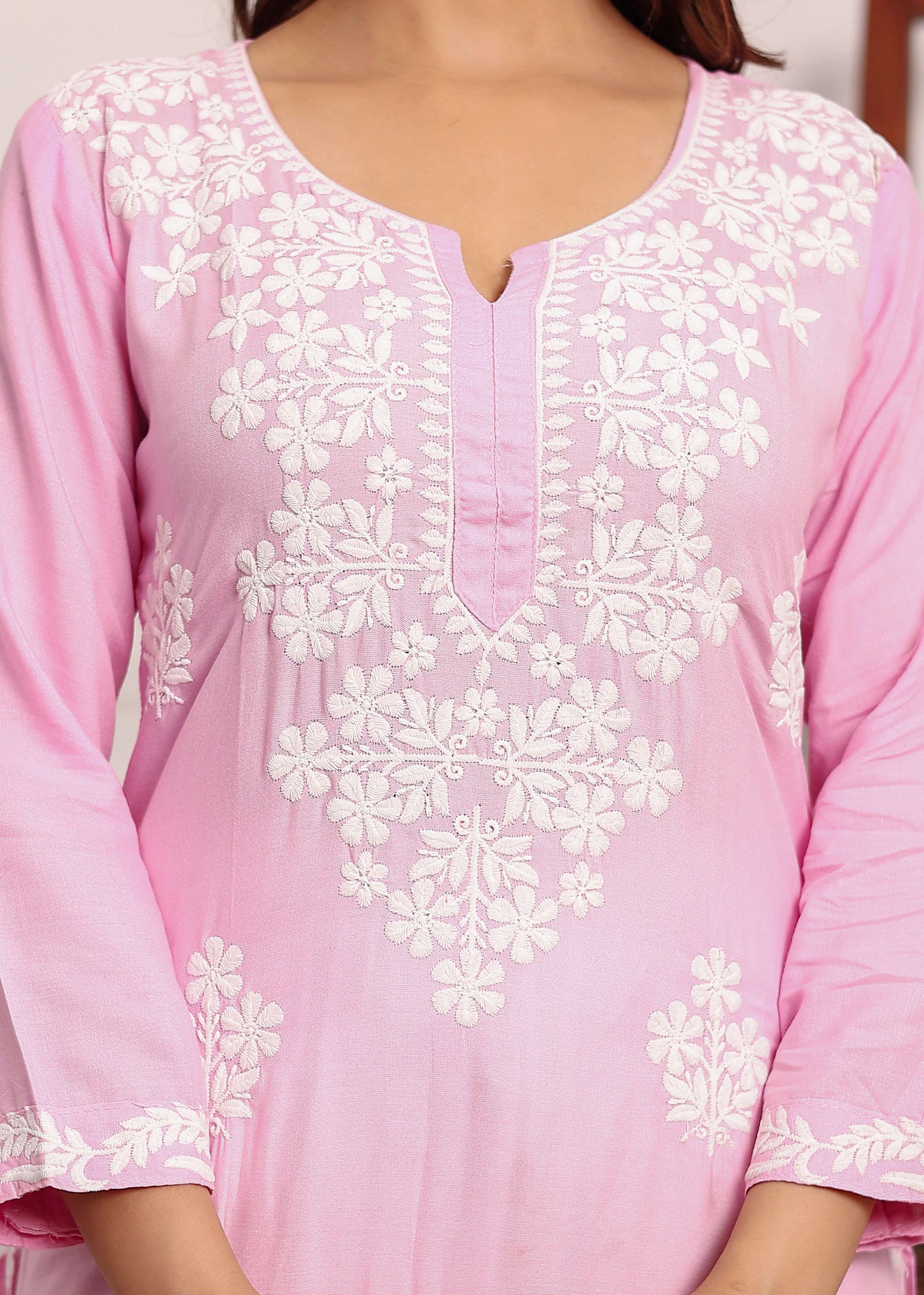 BABY PINK Chikan Kurta for Women Rayon Straight Chikankari Kurti And White Plazo Set