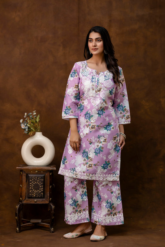 BABY PINK cotton printed with chikanakri work kurti and plazo set