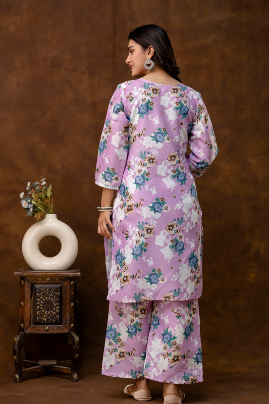 BABY PINK cotton printed with chikanakri work kurti and plazo set