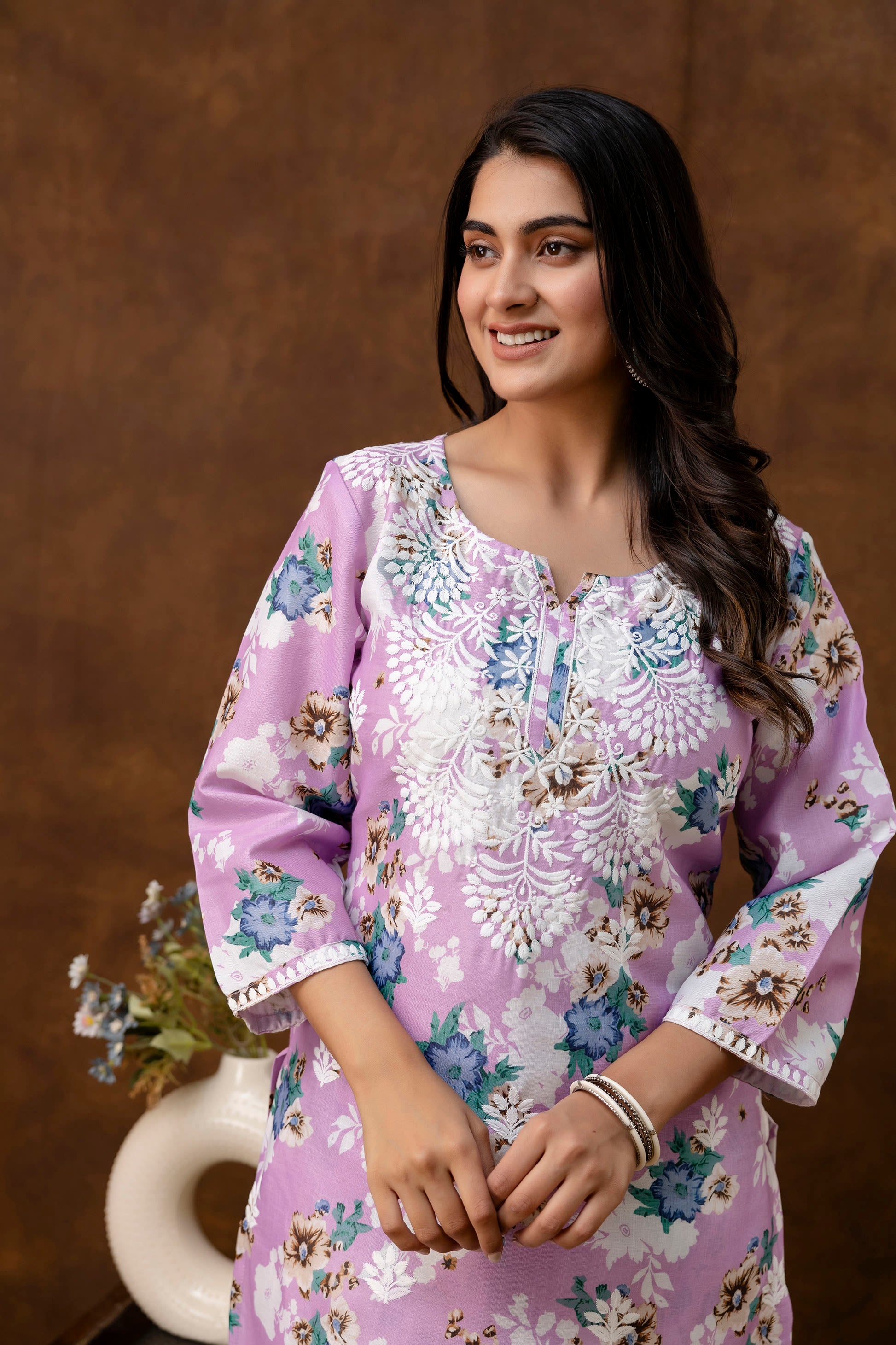 BABY PINK cotton printed with chikanakri work kurti and plazo set