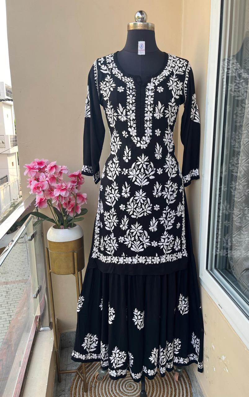 BLACK Beautiful Chikankari modal kurti garara set
