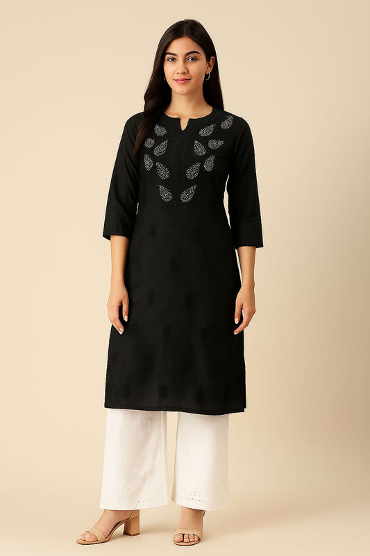 BLACK Chanderi With Authentic Lucknowi Chikankari & Mukaish Work Suit